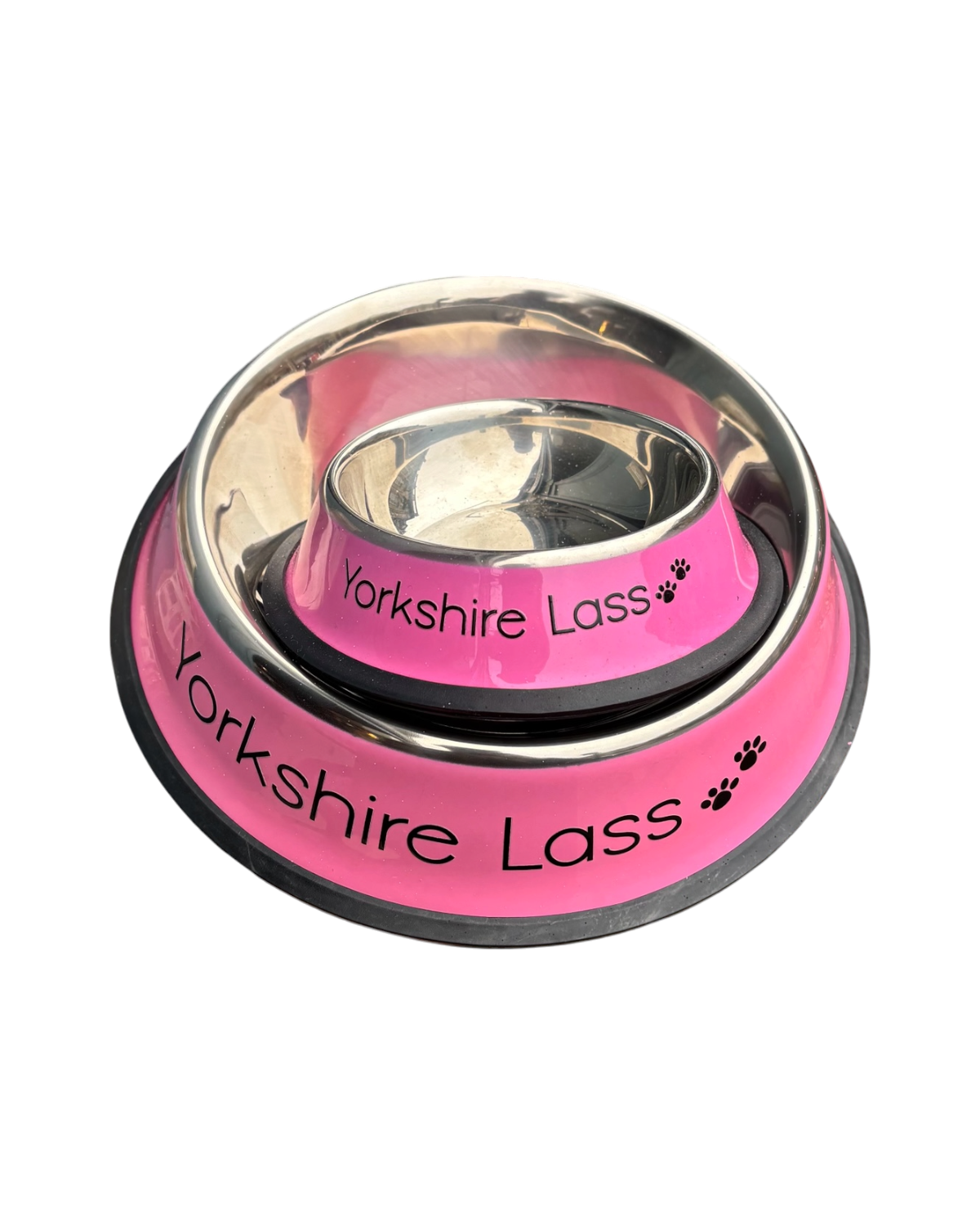 LighthouseLane pink stainless steel dog bowls with Yorkshire Lass text and paw print design in two sizes