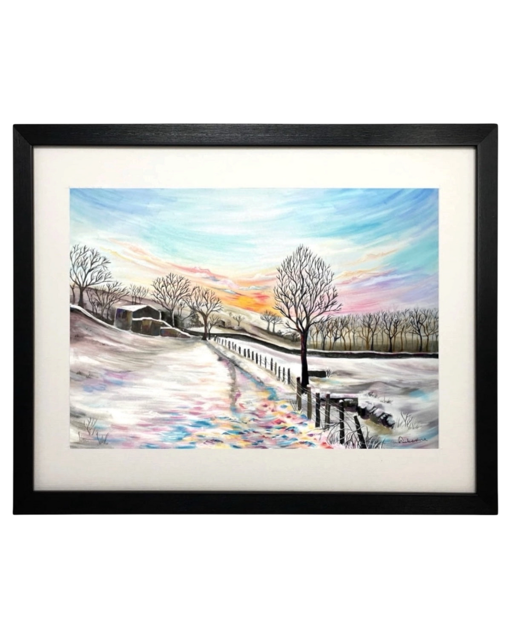 LighthouseLane framed print of a snowy Yorkshire landscape featuring the Railway Children walk from Haworth to Oxenhope