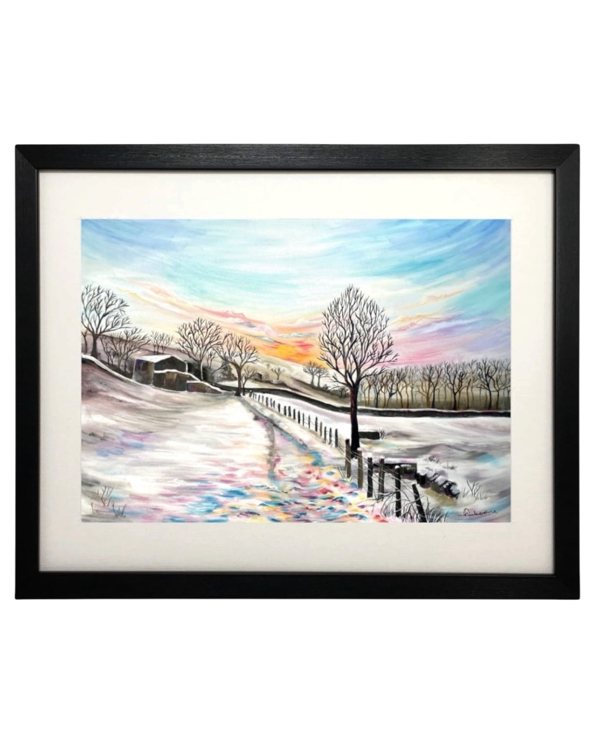LighthouseLane framed print of a snowy Yorkshire landscape featuring the Railway Children walk from Haworth to Oxenhope