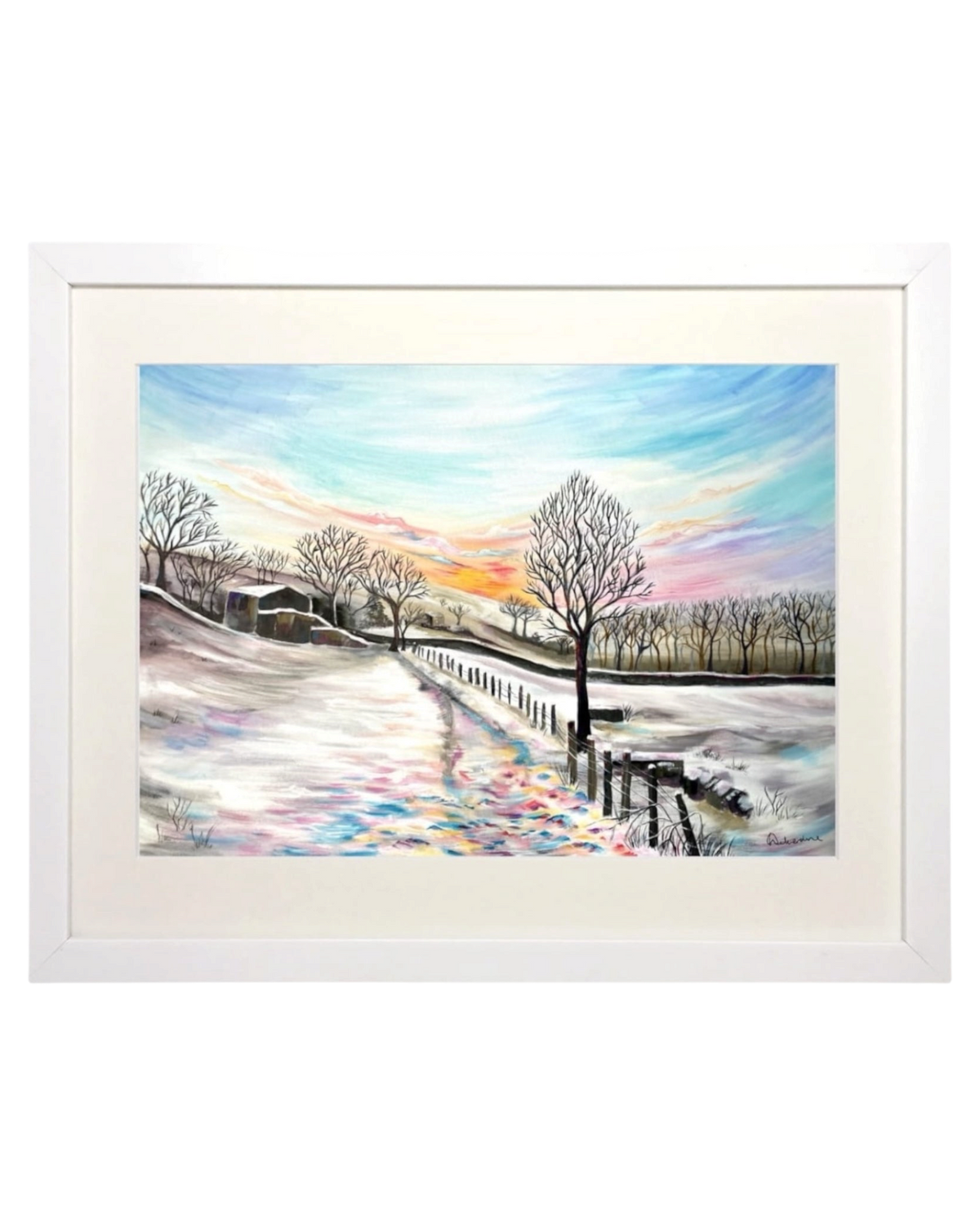 LighthouseLane framed print of a hand-painted Yorkshire countryside scene featuring a snowy path and sunset sky.