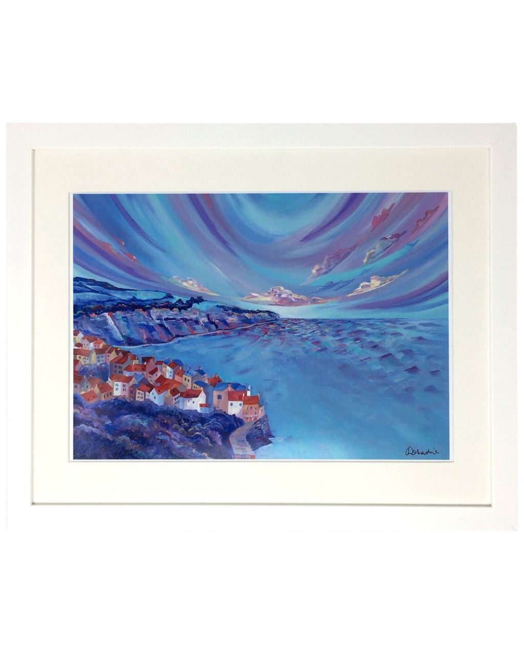 LighthouseLane framed art print of Robin Hoods Bay featuring colourful clifftop houses and a vibrant blue sky