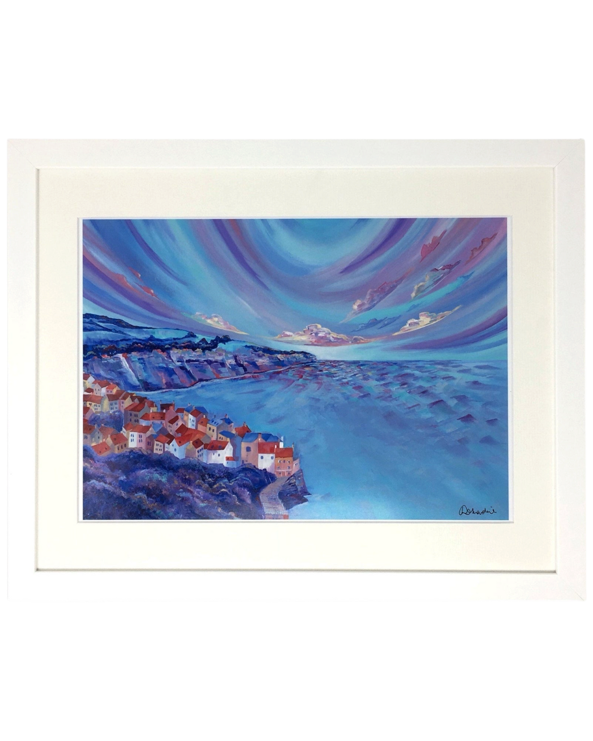 LighthouseLane framed art print of Robin Hoods Bay featuring colourful clifftop houses and a vibrant blue sky