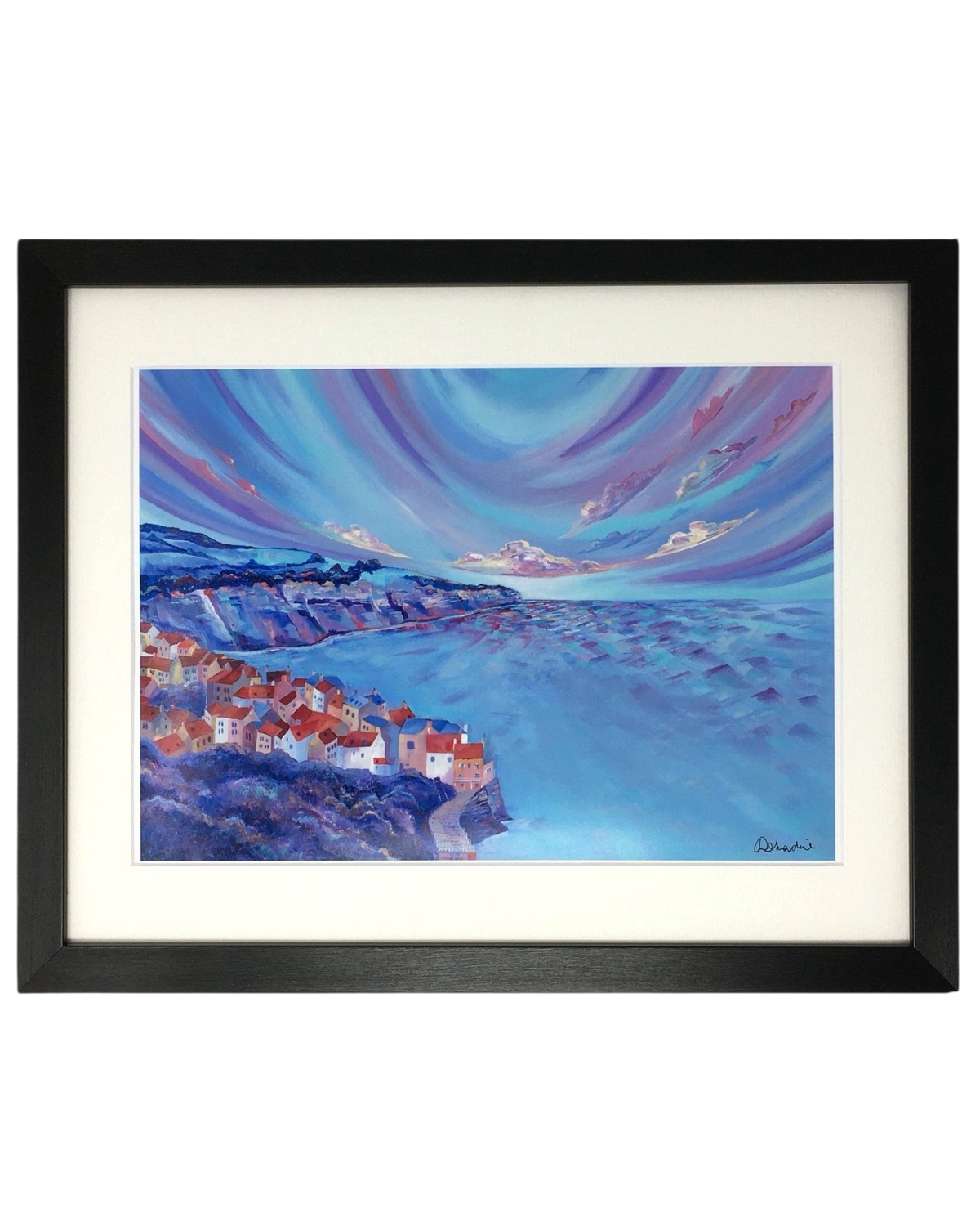 LighthouseLane framed print of a vibrant acrylic painting depicting the clifftop houses of Robin Hoods Bay, Yorkshire.