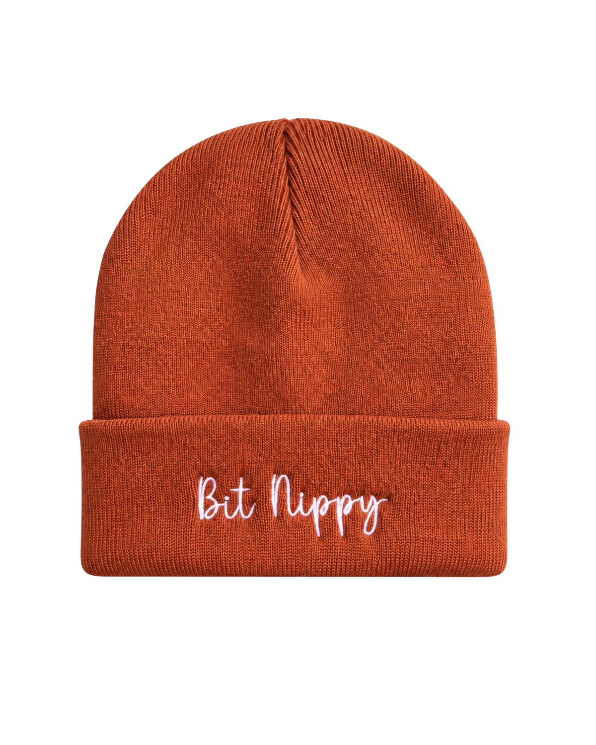 LighthouseLane cuffed beanie in burnt orange with Bit Nippy embroidery in white script, soft winter knit hat.