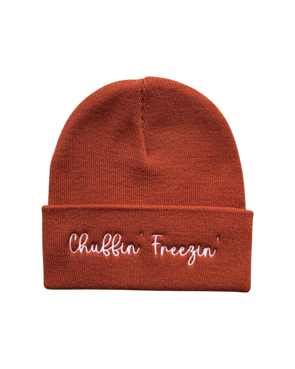 LighthouseLane rust orange cuffed beanie with white Chuffin' Freezin' embroidery, soft winter knit hat.