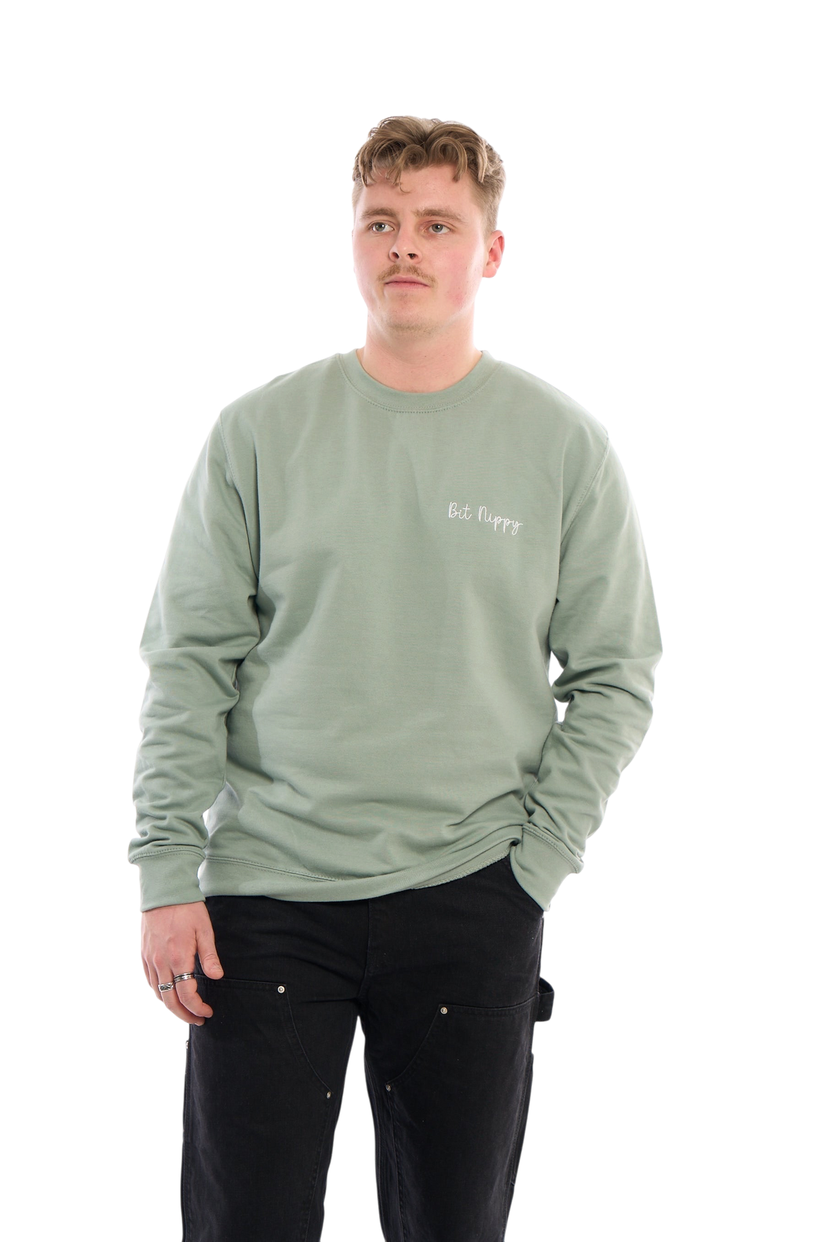 LighthouseLane sage green unisex sweatshirt with Bit Nippy embroidery worn by a man against a white background