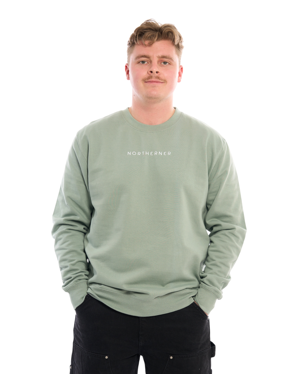 LighthouseLane sage green unisex Northerner embroidered sweatshirt worn by a man against a white background
