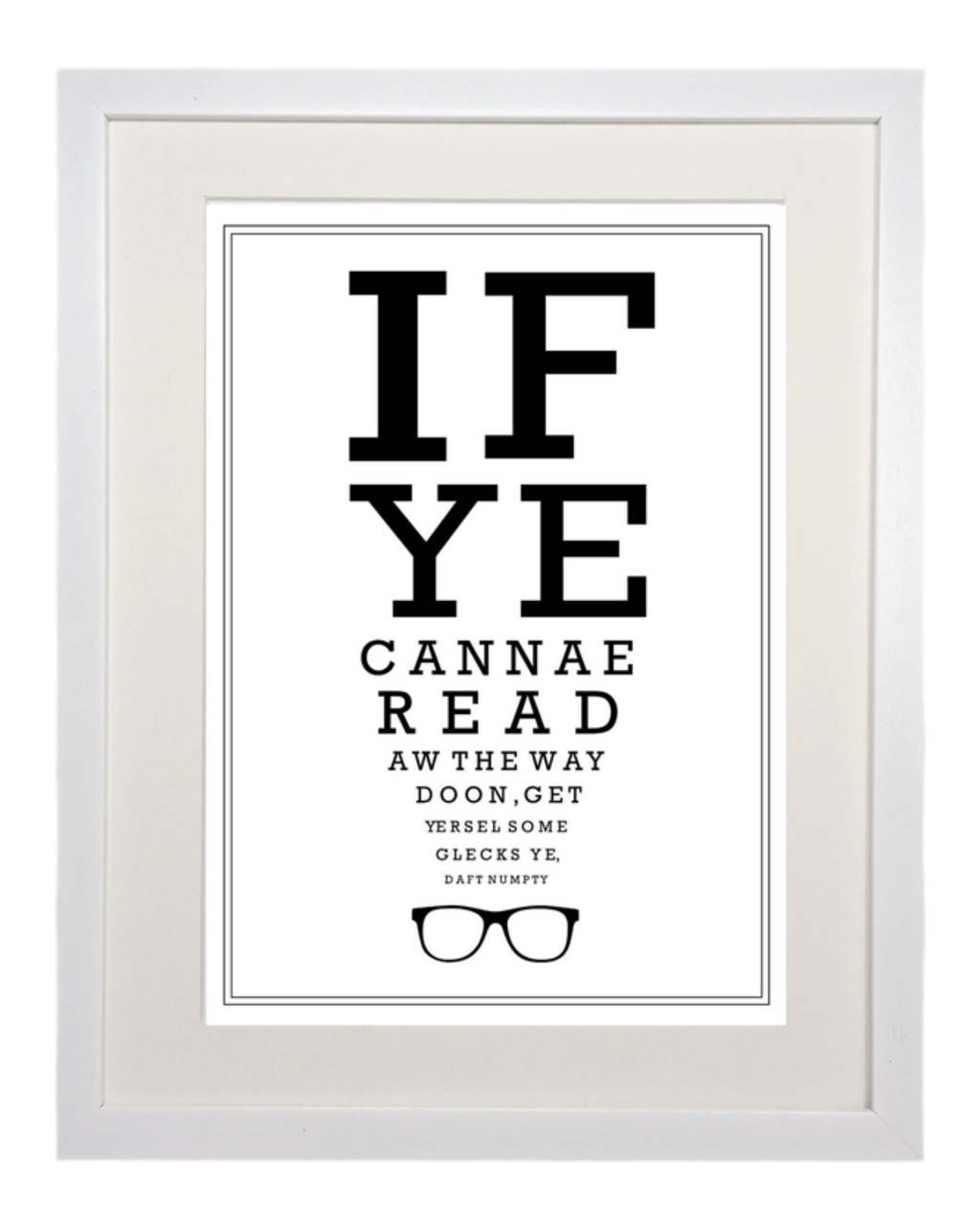 LighthouseLane Scottish optician eyetest print featuring humorous dialect text in a white frame with a mount.