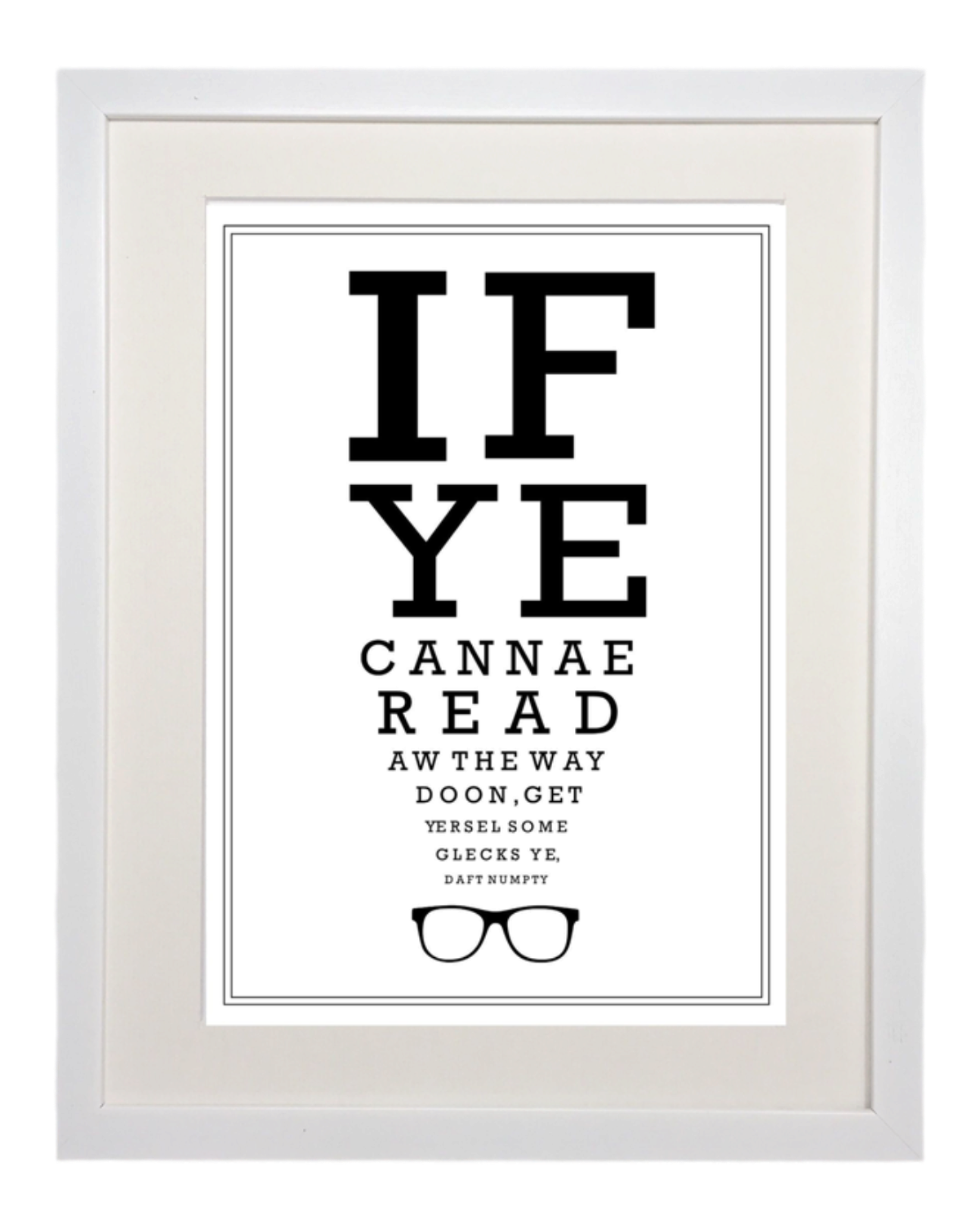 LighthouseLane Scottish optician eyetest print featuring humorous dialect text in a white frame with a mount.