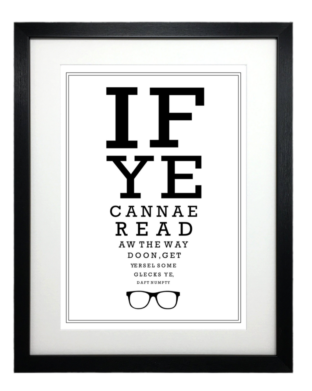 LighthouseLane framed Scottish optician eyetest chart print with humorous text and glasses icon on white paper