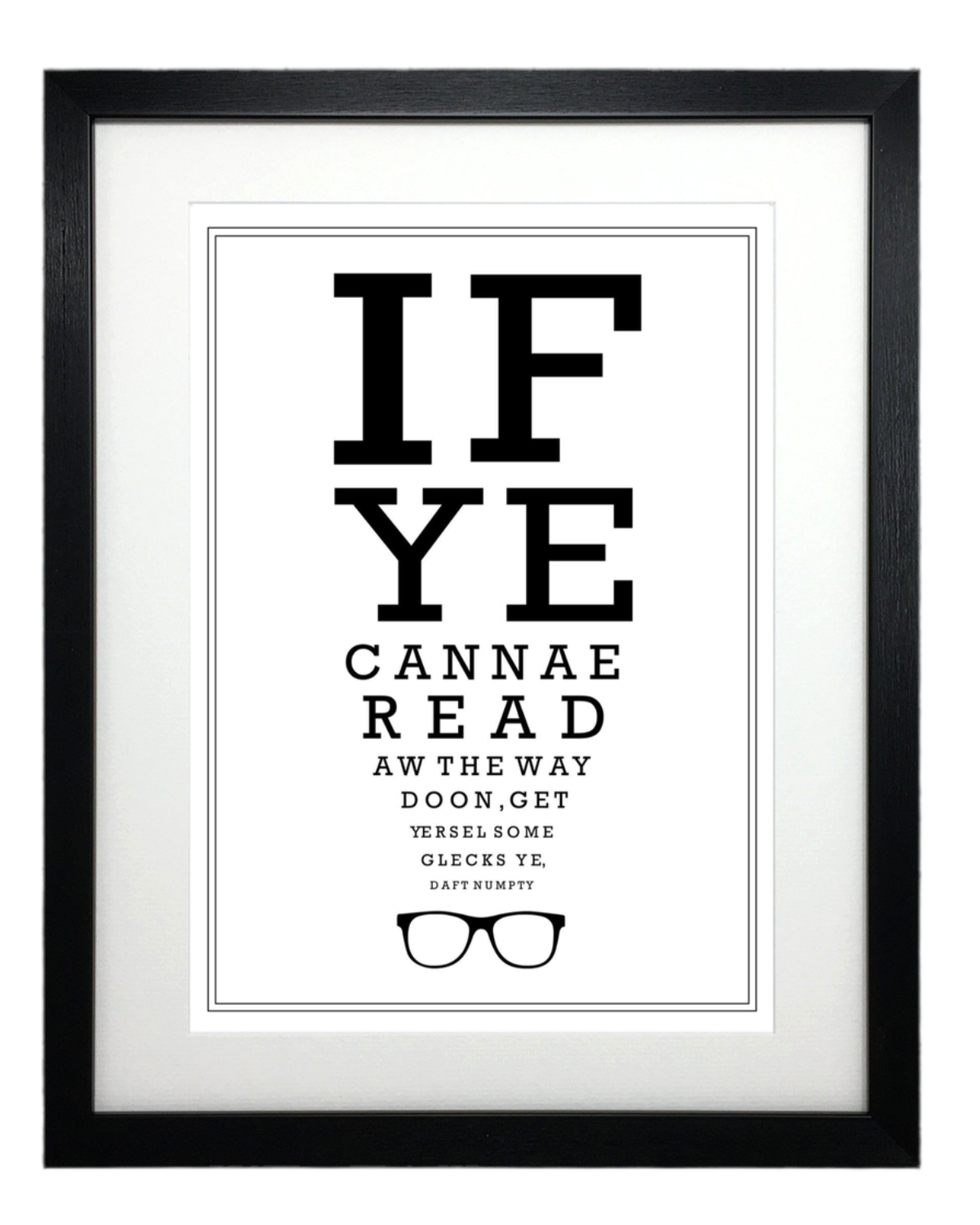 LighthouseLane framed Scottish optician eyetest chart print with humorous text and glasses icon on white paper
