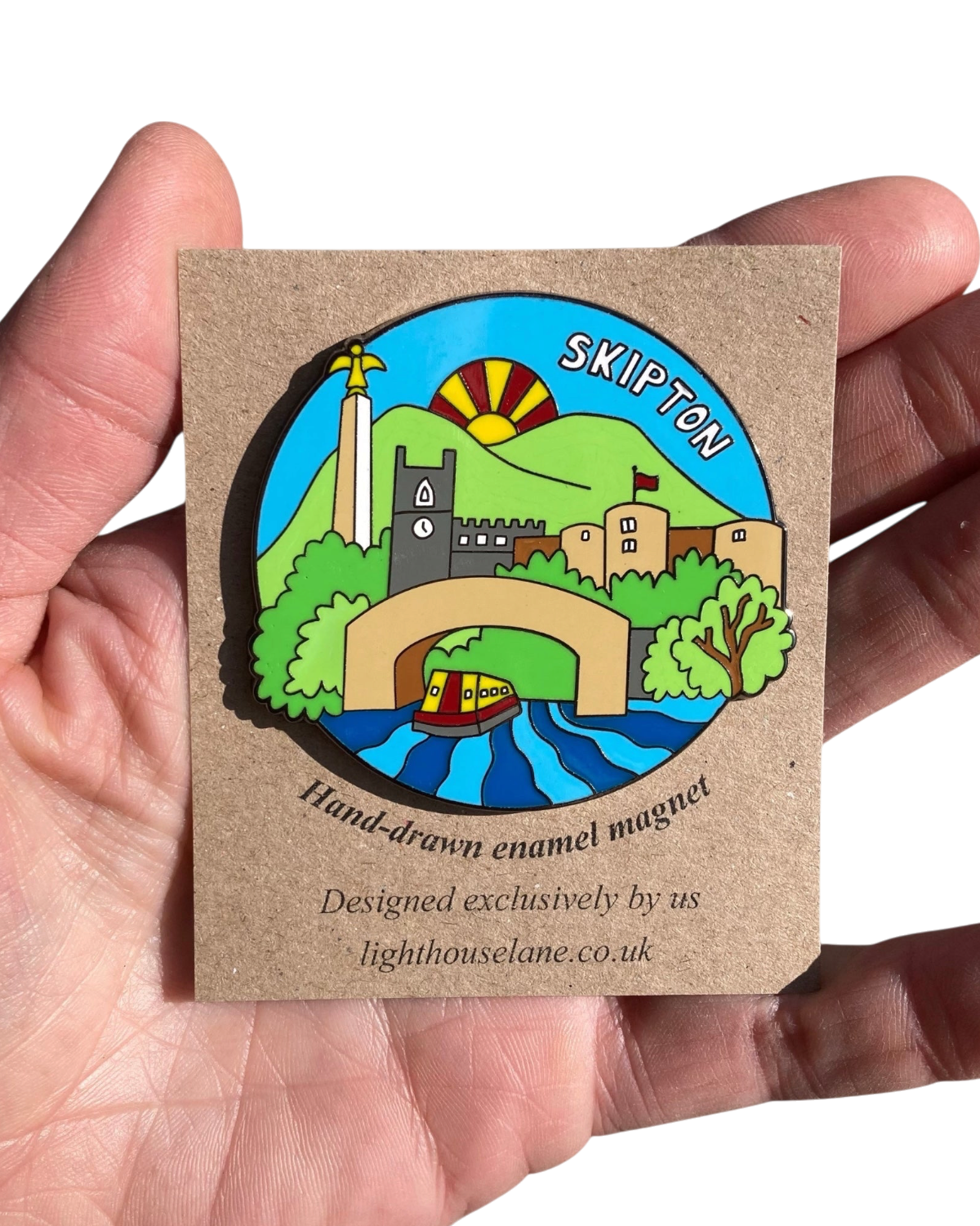 LighthouseLane Skipton enamel magnet featuring a hand-drawn illustration of the town, canal boat, and castle.