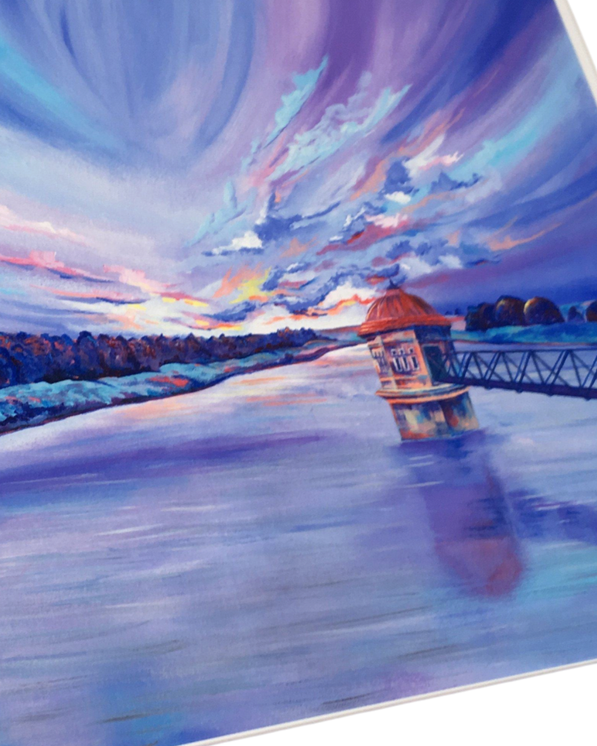 LighthouseLane framed print of Stanbury Yorkshire reservoir at sunset with vibrant purple and blue painted sky