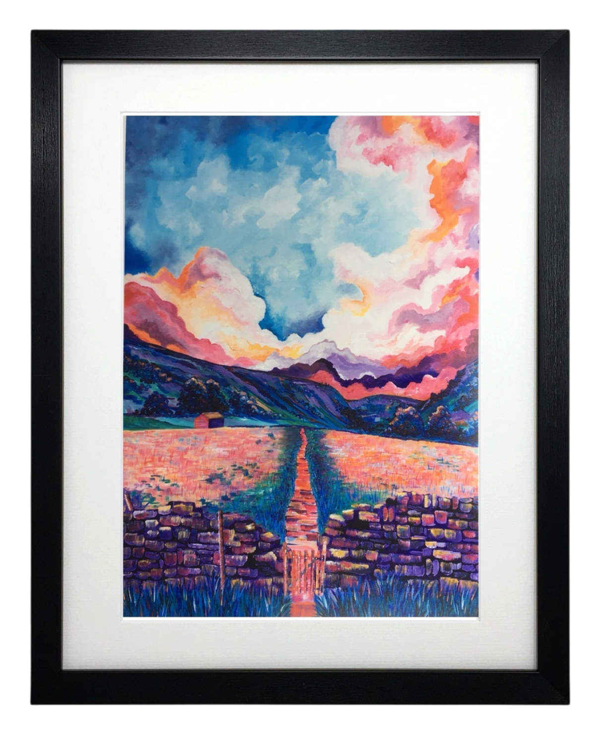LighthouseLane framed Swaledale print featuring a vibrant acrylic landscape painting of Yorkshire Dales scenery.