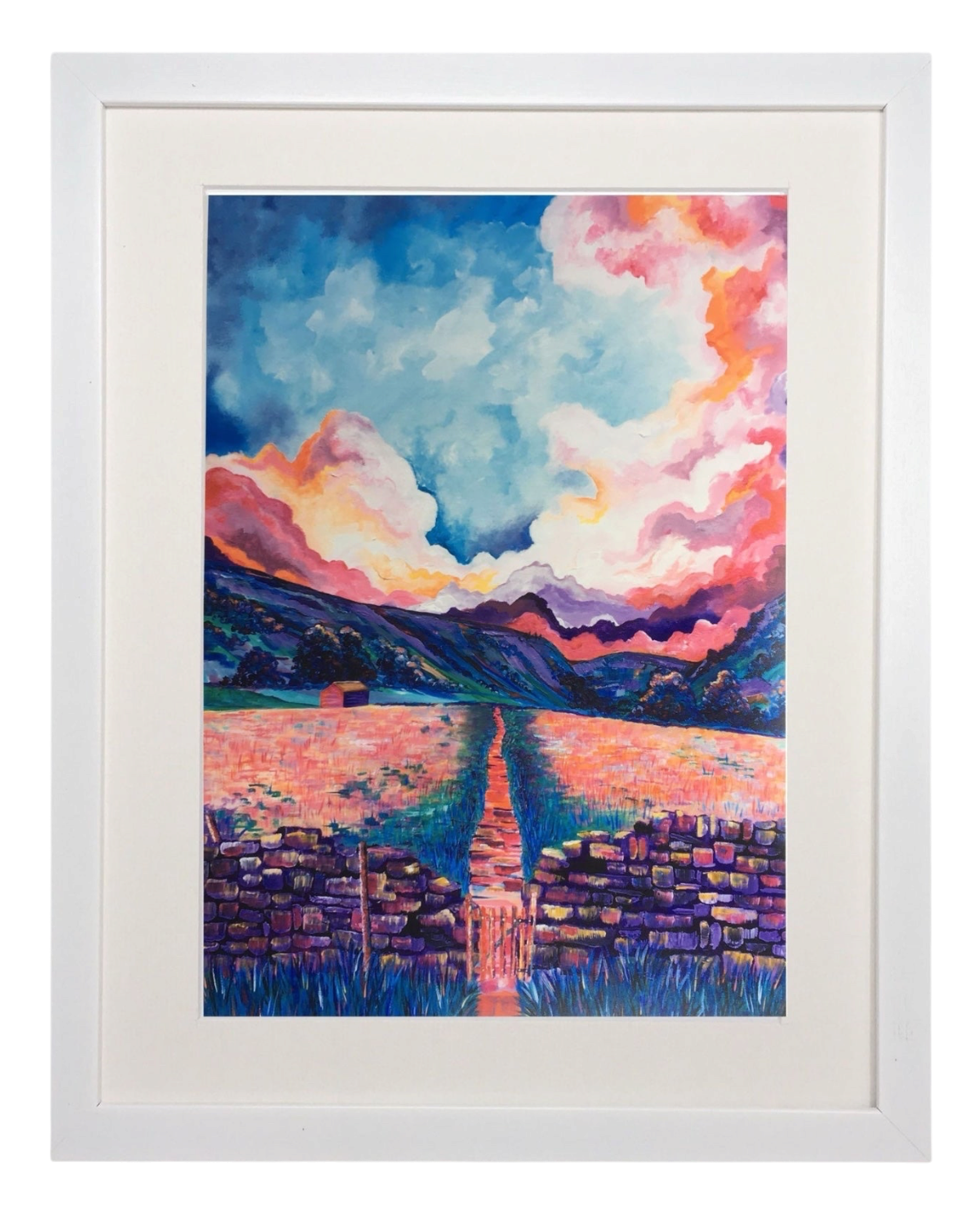 LighthouseLane framed print of a vibrant Yorkshire Dales Swaledale landscape painting with dry stone walls and clouds.