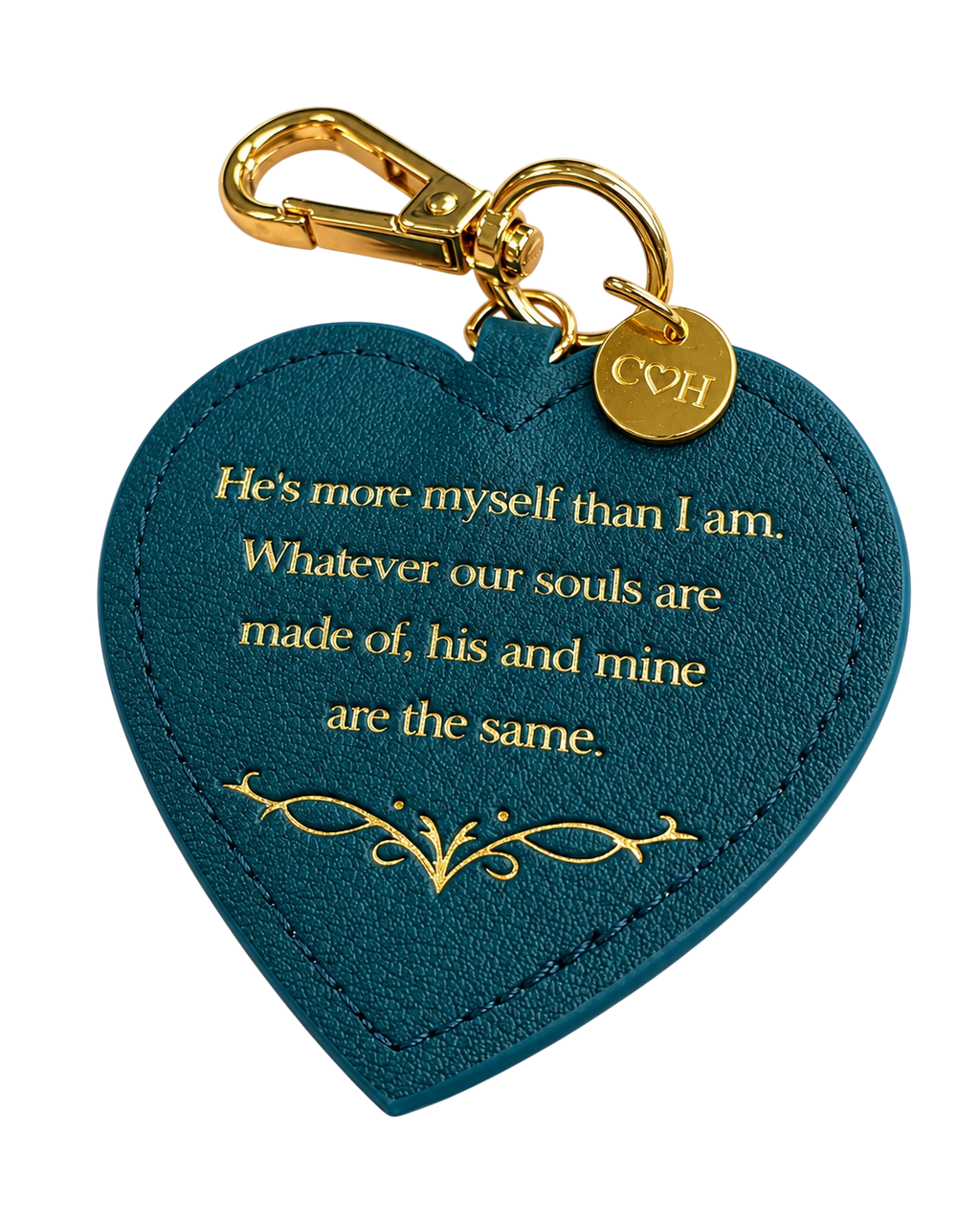 LighthouseLane heart-shaped keyring in teal with gold Wuthering Heights quote, stitched detail, and gold-tone clip.