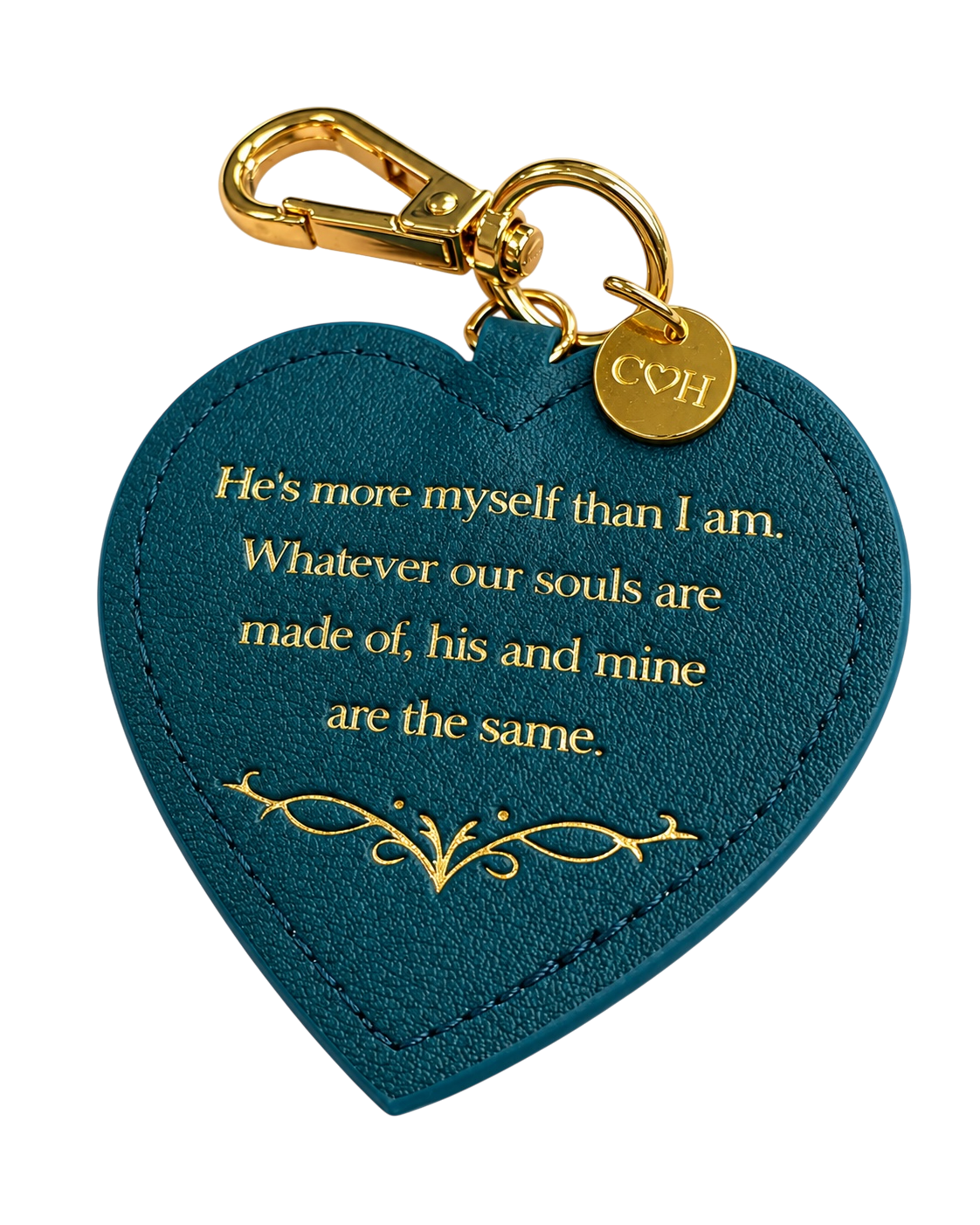 LighthouseLane heart-shaped keyring in teal with gold Wuthering Heights quote, stitched detail, and gold-tone clip.