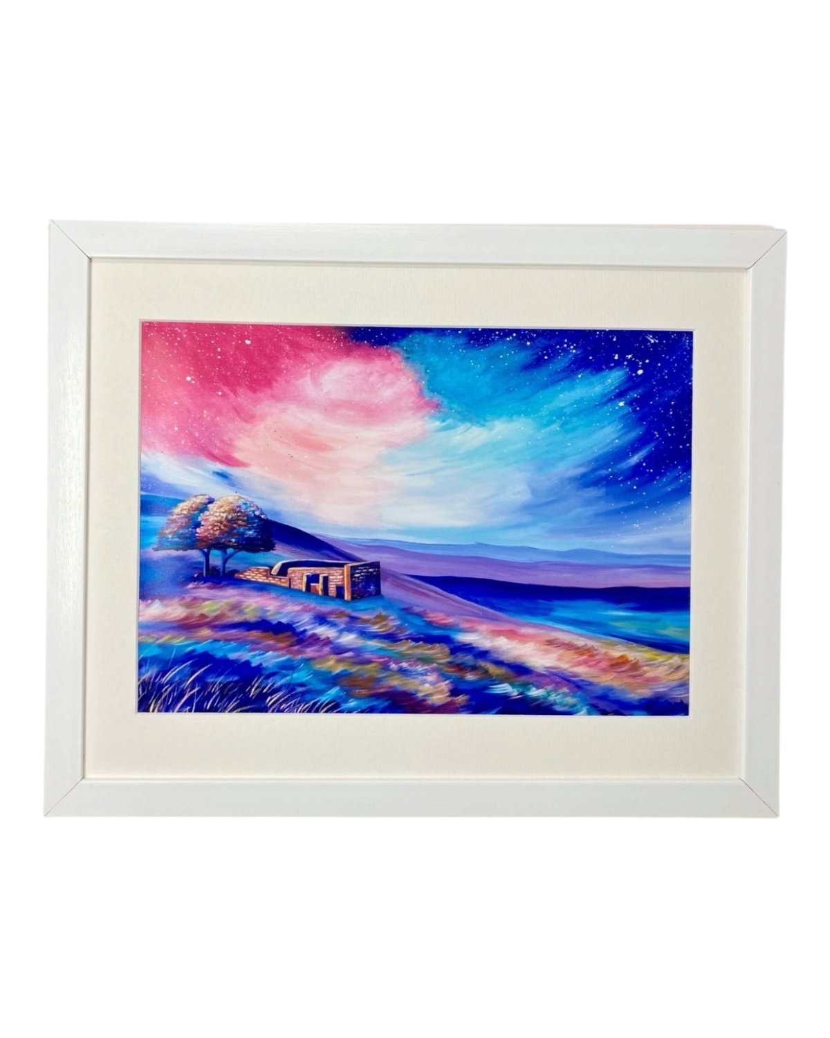 LighthouseLane framed print of Top Withens in Haworth featuring a vibrant acrylic moorland landscape painting.