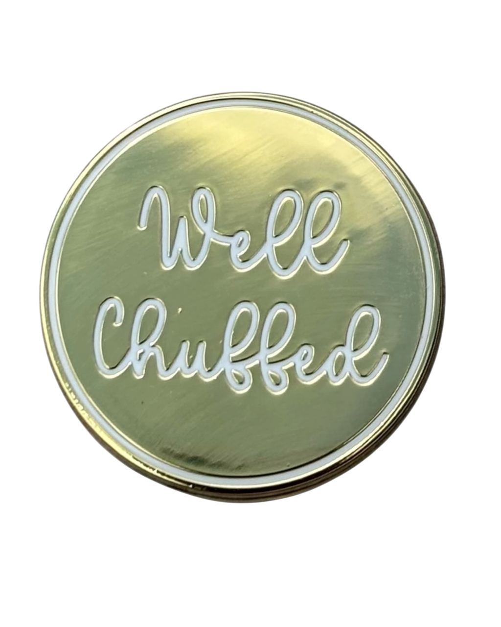 LighthouseLane Well Chuffed Yorkshire round enamel pin badge with gold finish and white script lettering