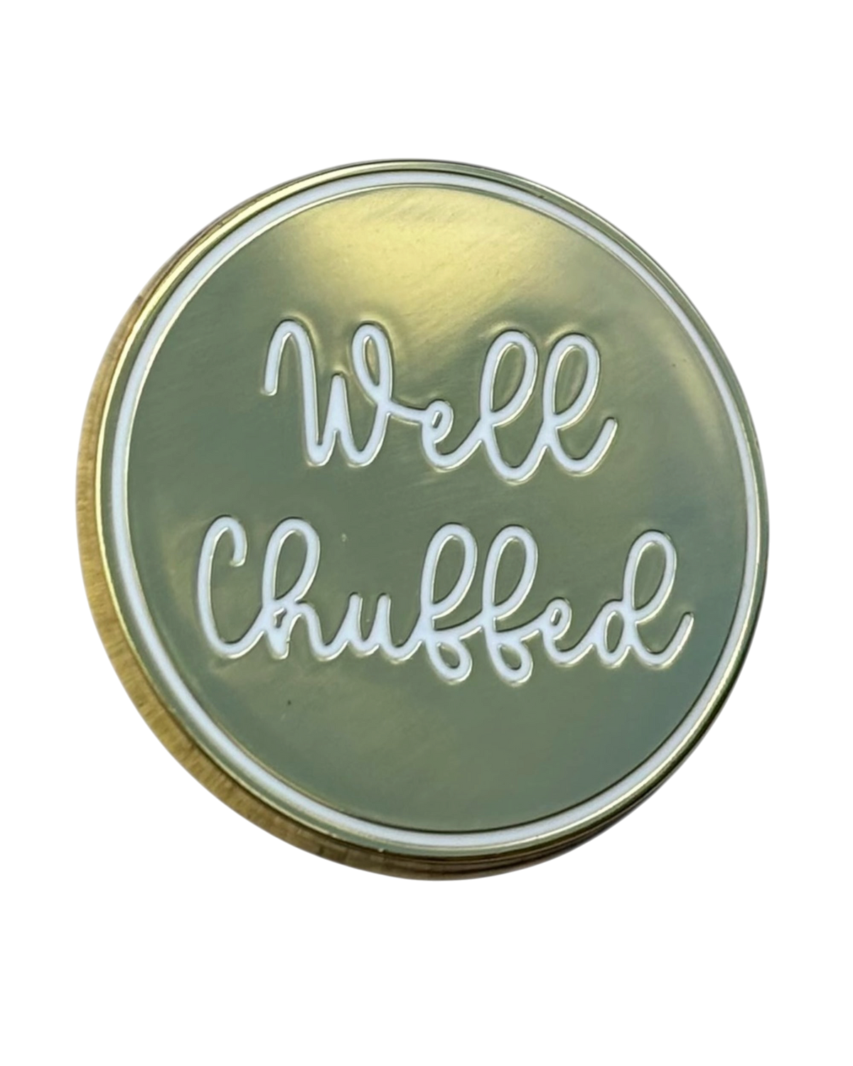 LighthouseLane Well Chuffed Yorkshire enamel pin badge in gold with white script lettering