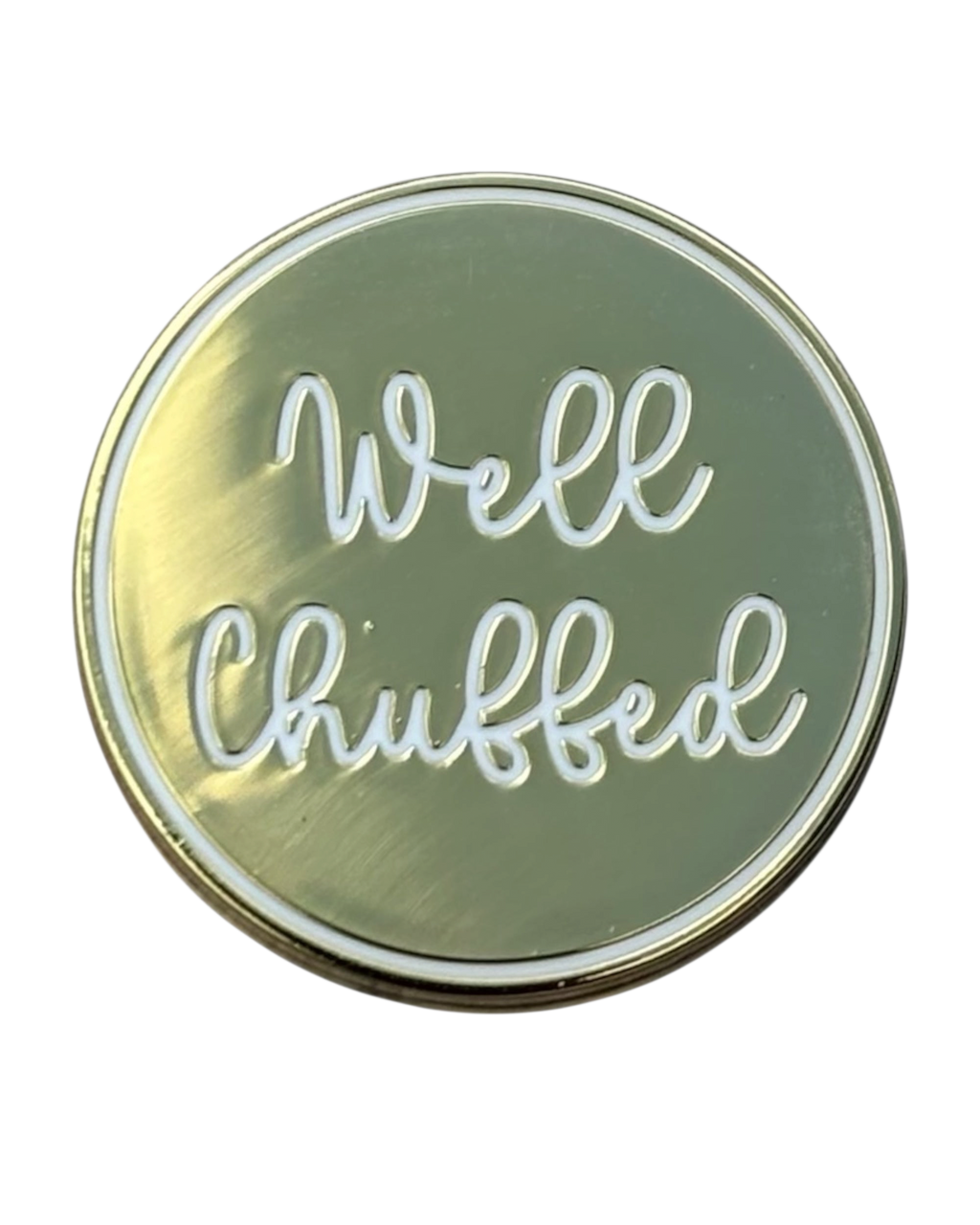 LighthouseLane Well Chuffed Yorkshire enamel pin badge with gold finish and white script text