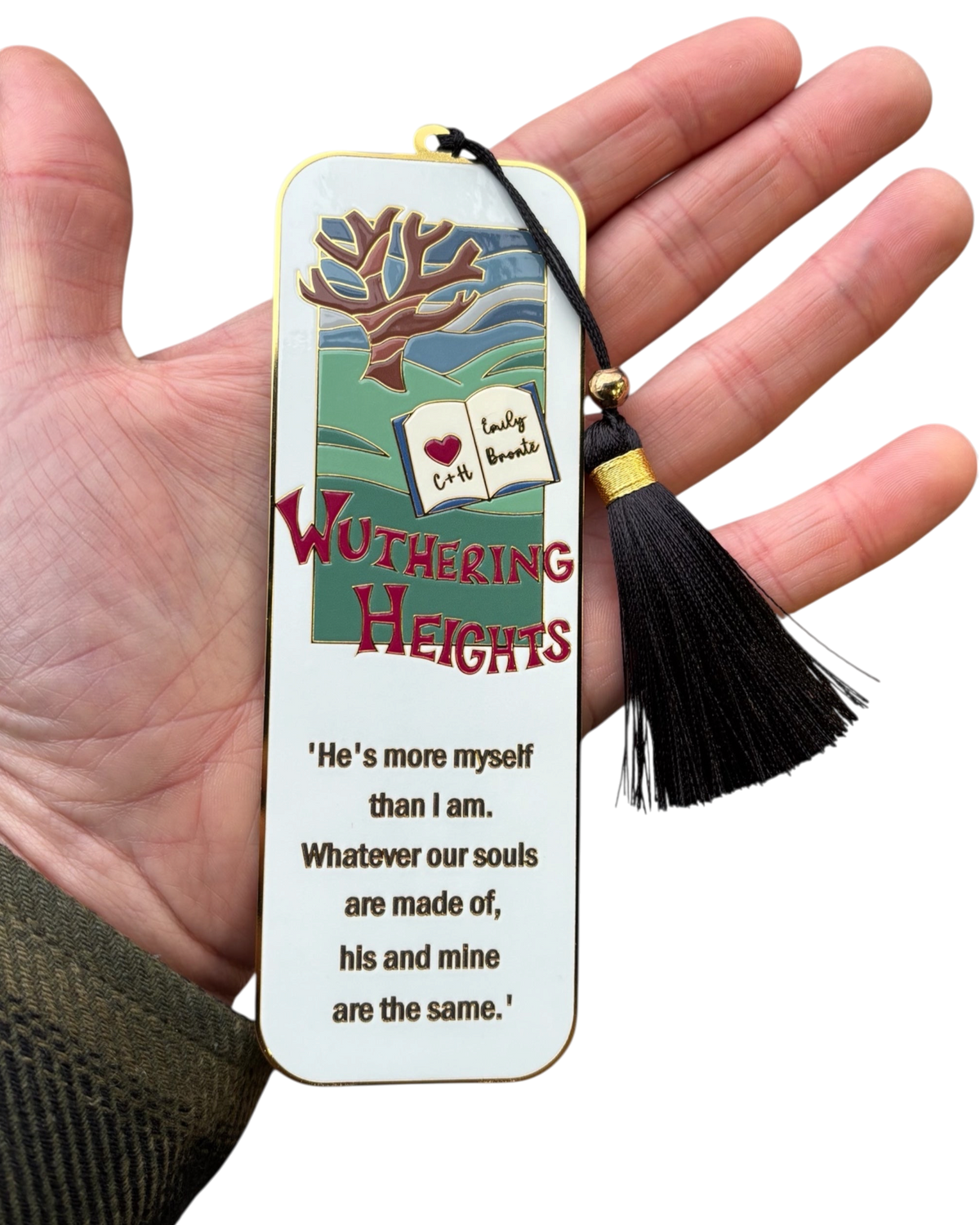 LighthouseLane Wuthering Heights bookmark with hand-drawn moorland art, gold detailing, and a black tassel.