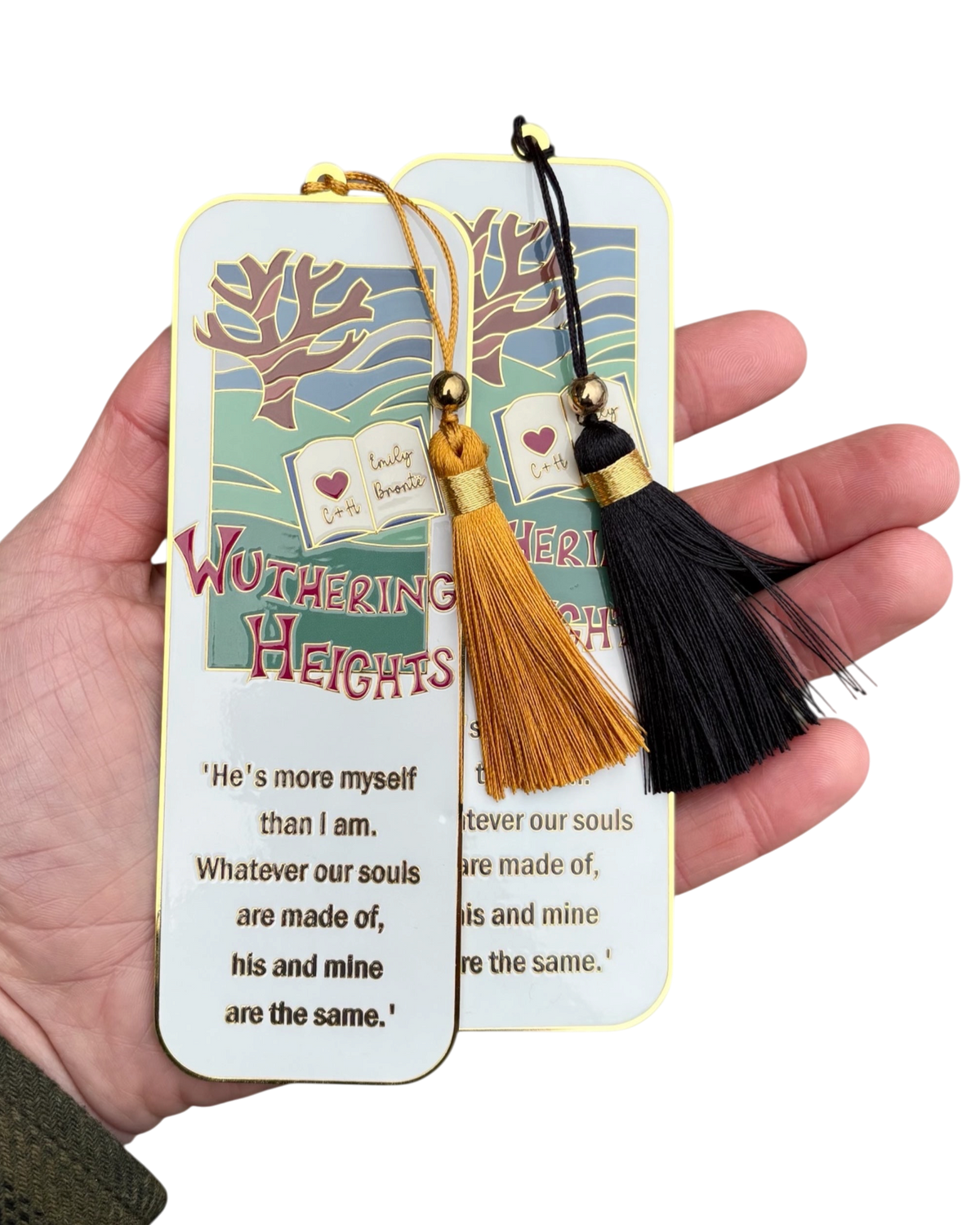 LighthouseLane Wuthering Heights bookmark with gold and black tassels featuring Emily Bronte quote and moorland art