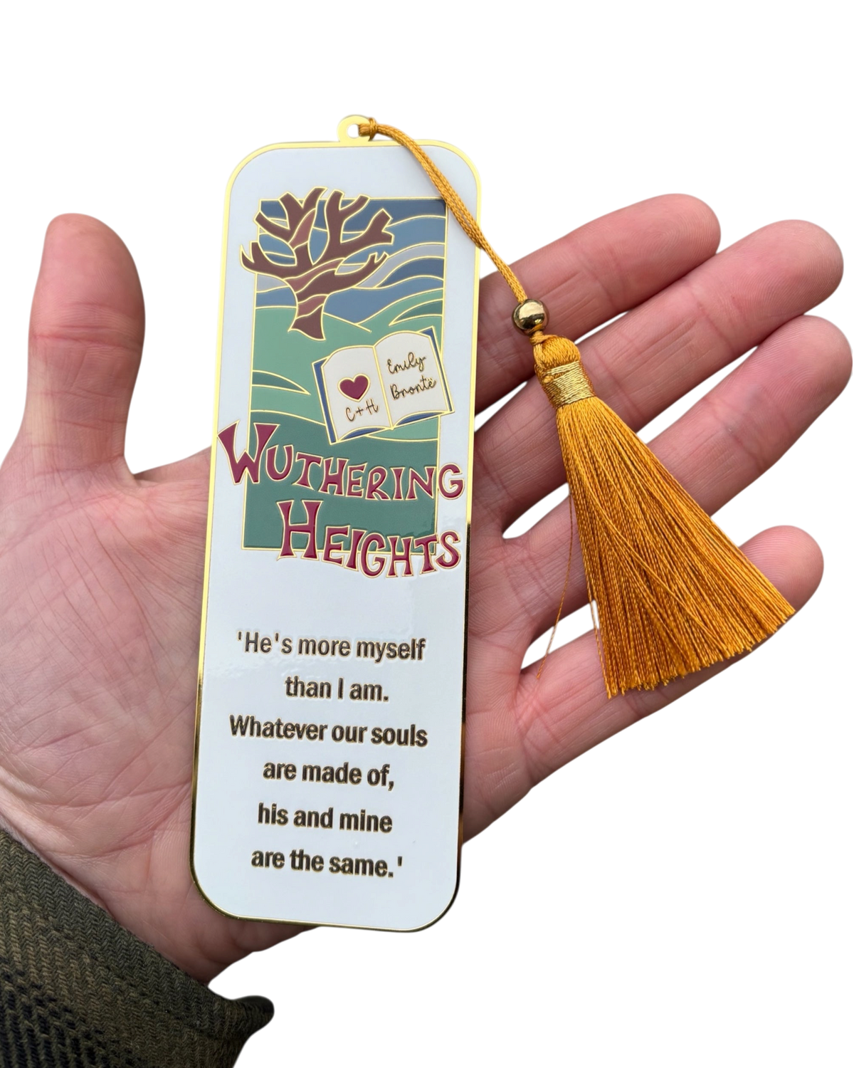 LighthouseLane Wuthering Heights bookmark with gold tassel, featuring hand-drawn moorland art and classic quote.