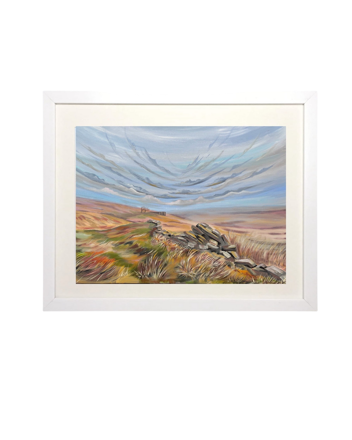 LighthouseLane framed art print of Top Withens moorland landscape in Yorkshire with a white frame and mount.