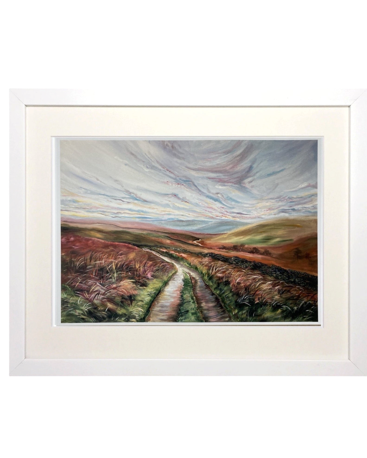 LighthouseLane framed print of a Yorkshire Bronte waterfall walk landscape painting with a white mount and frame.