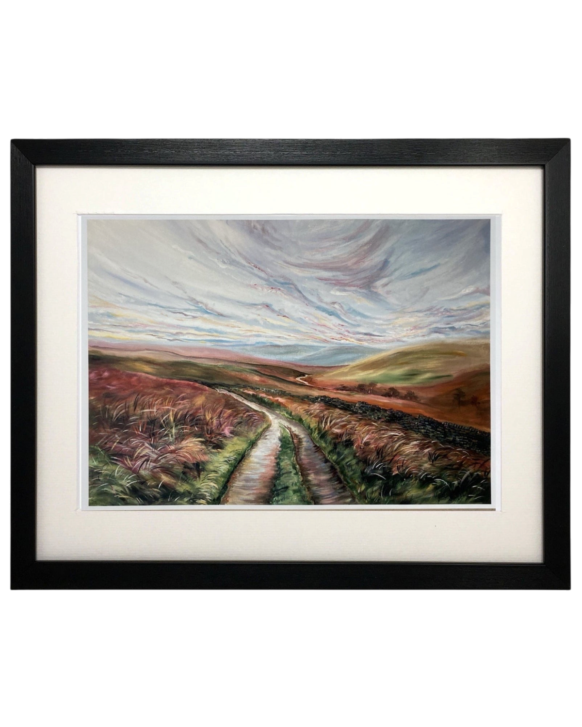 LighthouseLane framed print of a Yorkshire Bronte Waterfall walk landscape painting with a black frame and mount