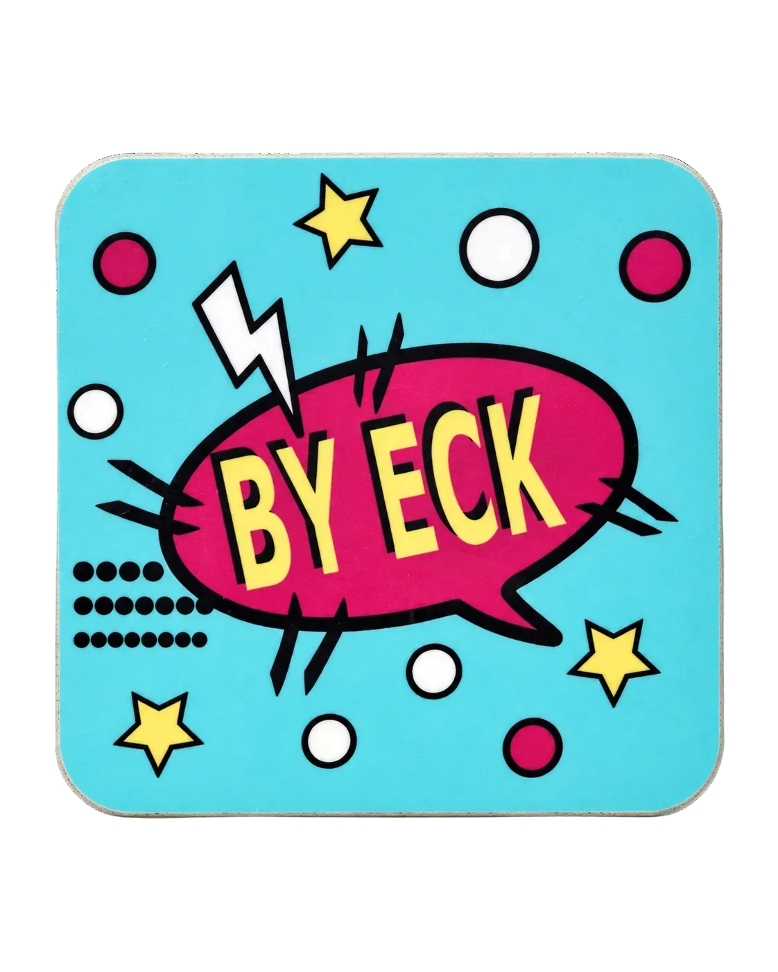 LighthouseLane hardback drink coaster featuring a blue pop art design with the Yorkshire phrase By Eck