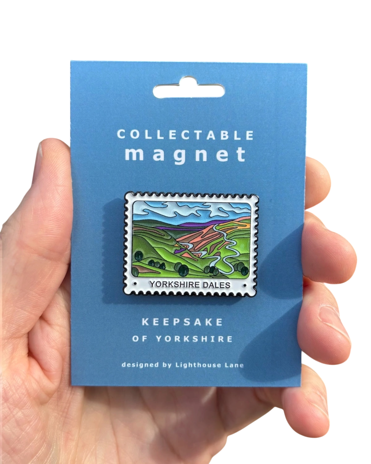 LighthouseLane Yorkshire Dales magnet in a vintage postage-stamp design featuring rolling green hills and stone walls.