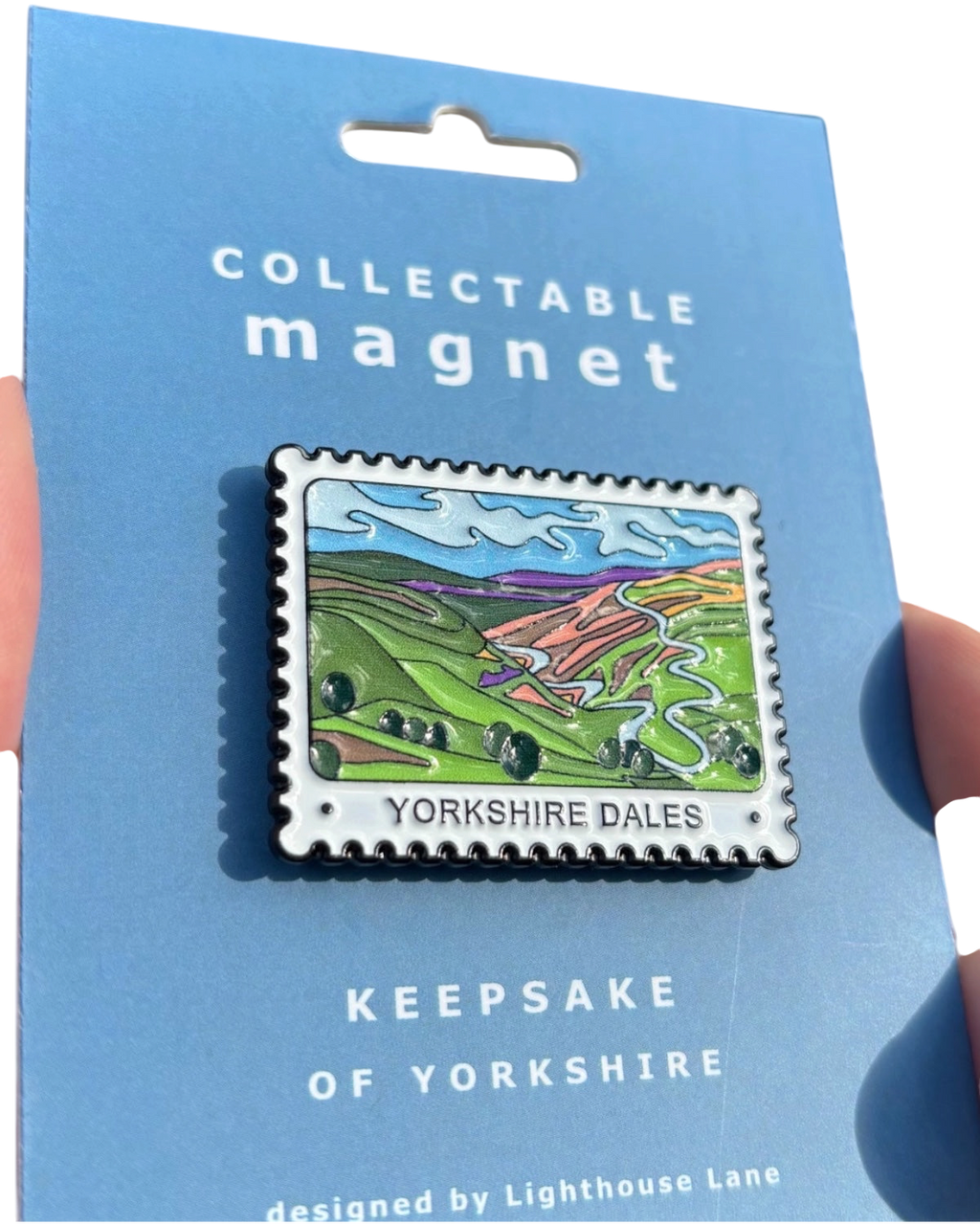 LighthouseLane collectible Yorkshire Dales magnet in a vintage postage-stamp design on a blue backing card