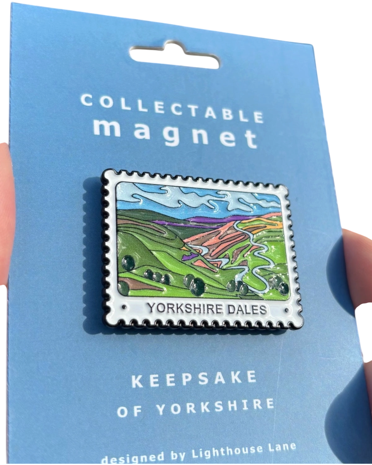 LighthouseLane collectible Yorkshire Dales magnet in a vintage postage-stamp design on a blue backing card