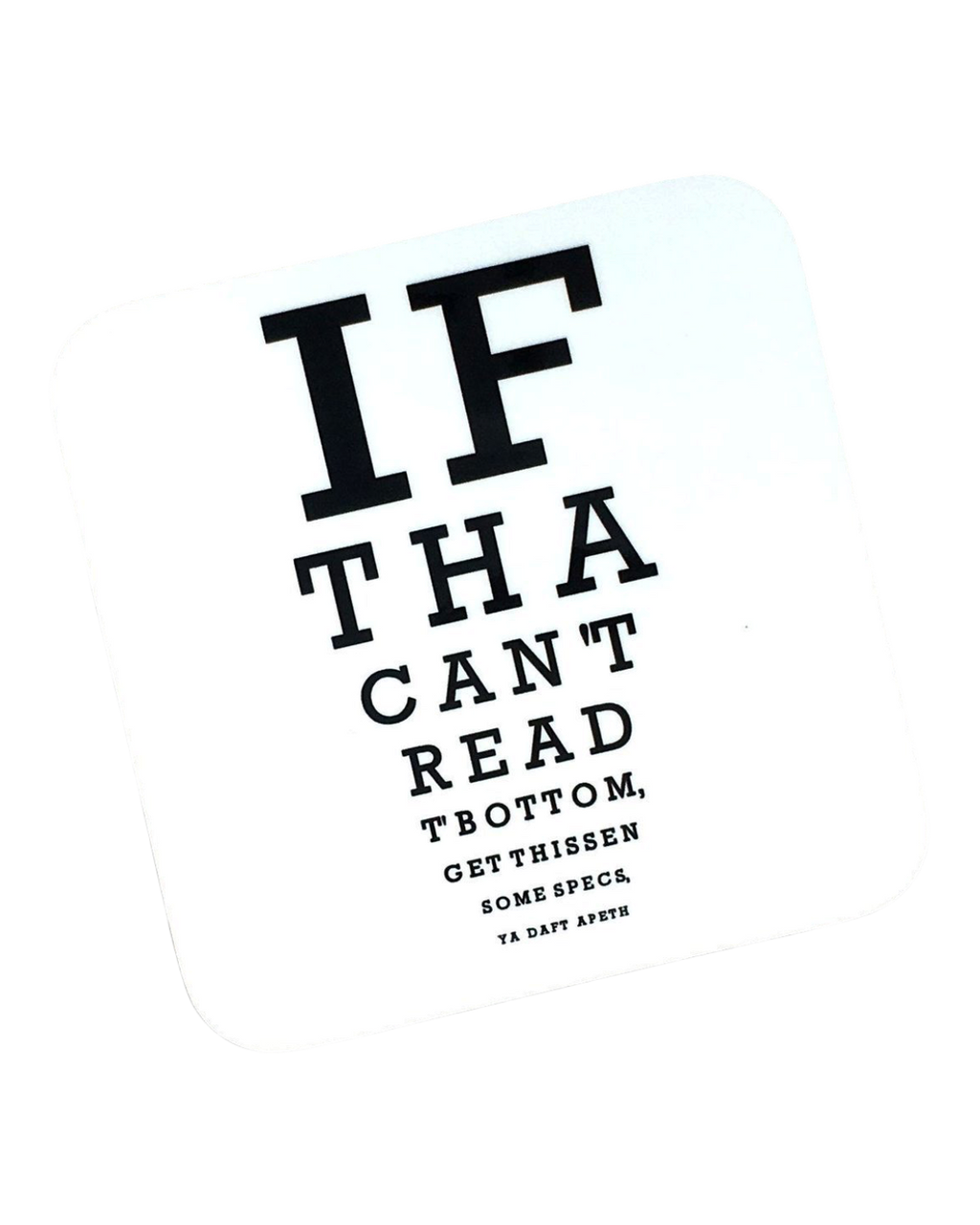 LighthouseLane white ceramic mug featuring a funny Yorkshire dialect eye test chart design in black text.