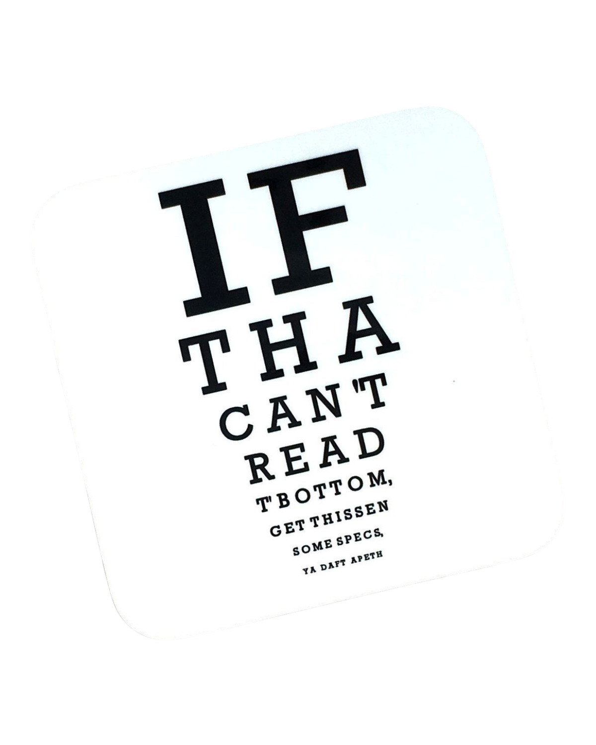 LighthouseLane white ceramic mug featuring a funny Yorkshire dialect eye test chart design in black text.