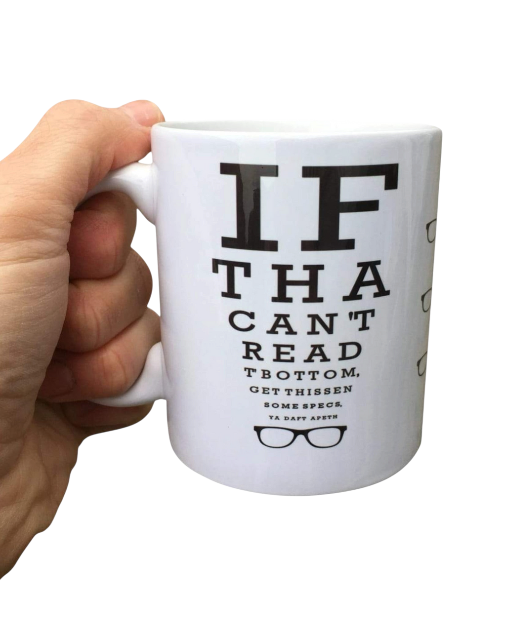 LighthouseLane white ceramic mug featuring a humorous Yorkshire dialect eye test chart design in black text