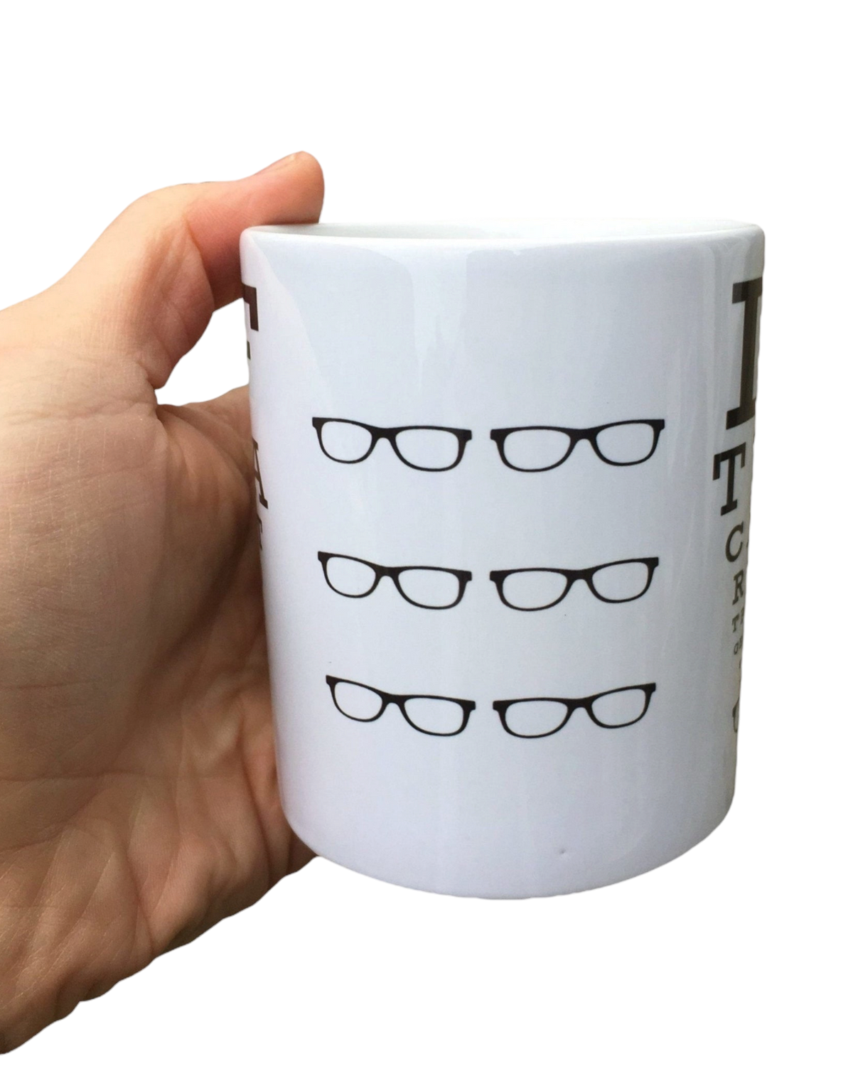 LighthouseLane white ceramic mug featuring a funny Yorkshire Eyetest design with black glasses icons