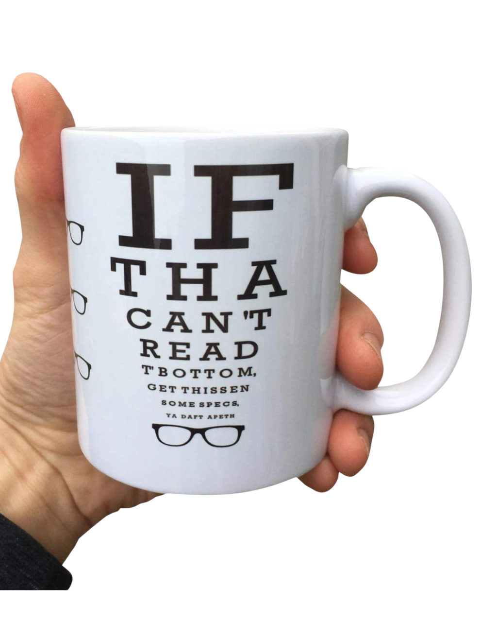 LighthouseLane white ceramic mug featuring a funny Yorkshire dialect optician eye test chart design