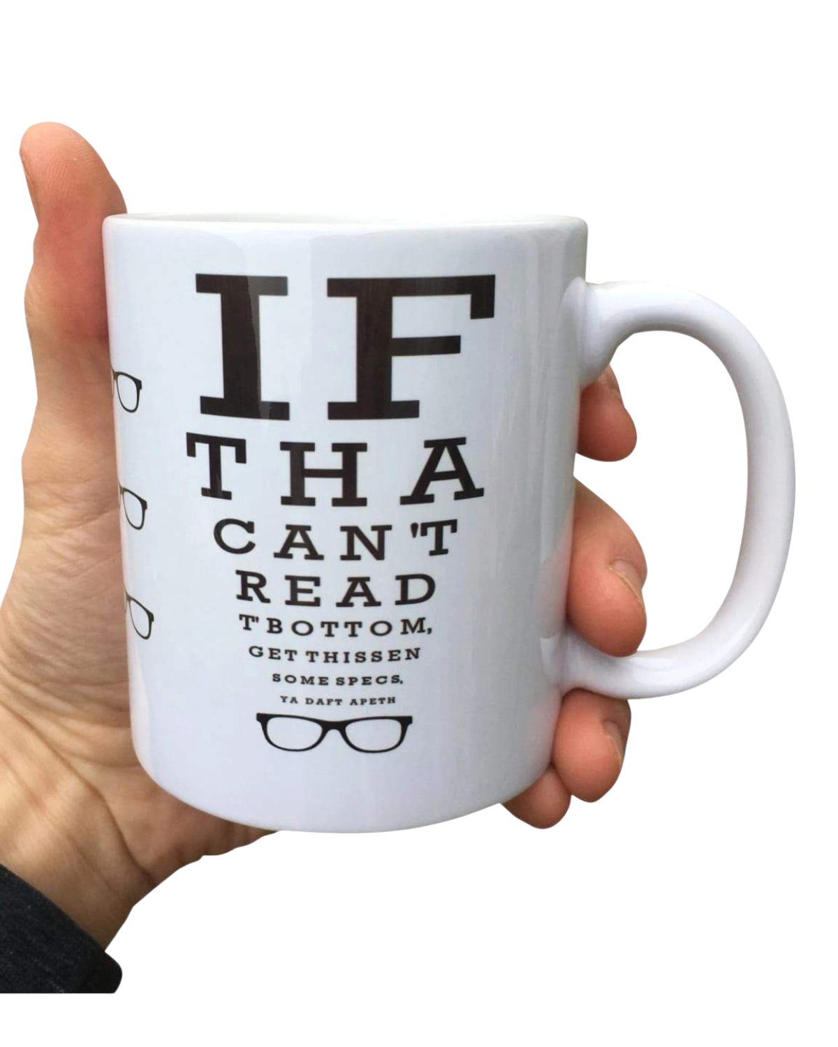 LighthouseLane white ceramic mug featuring a funny Yorkshire dialect optician eye test chart design