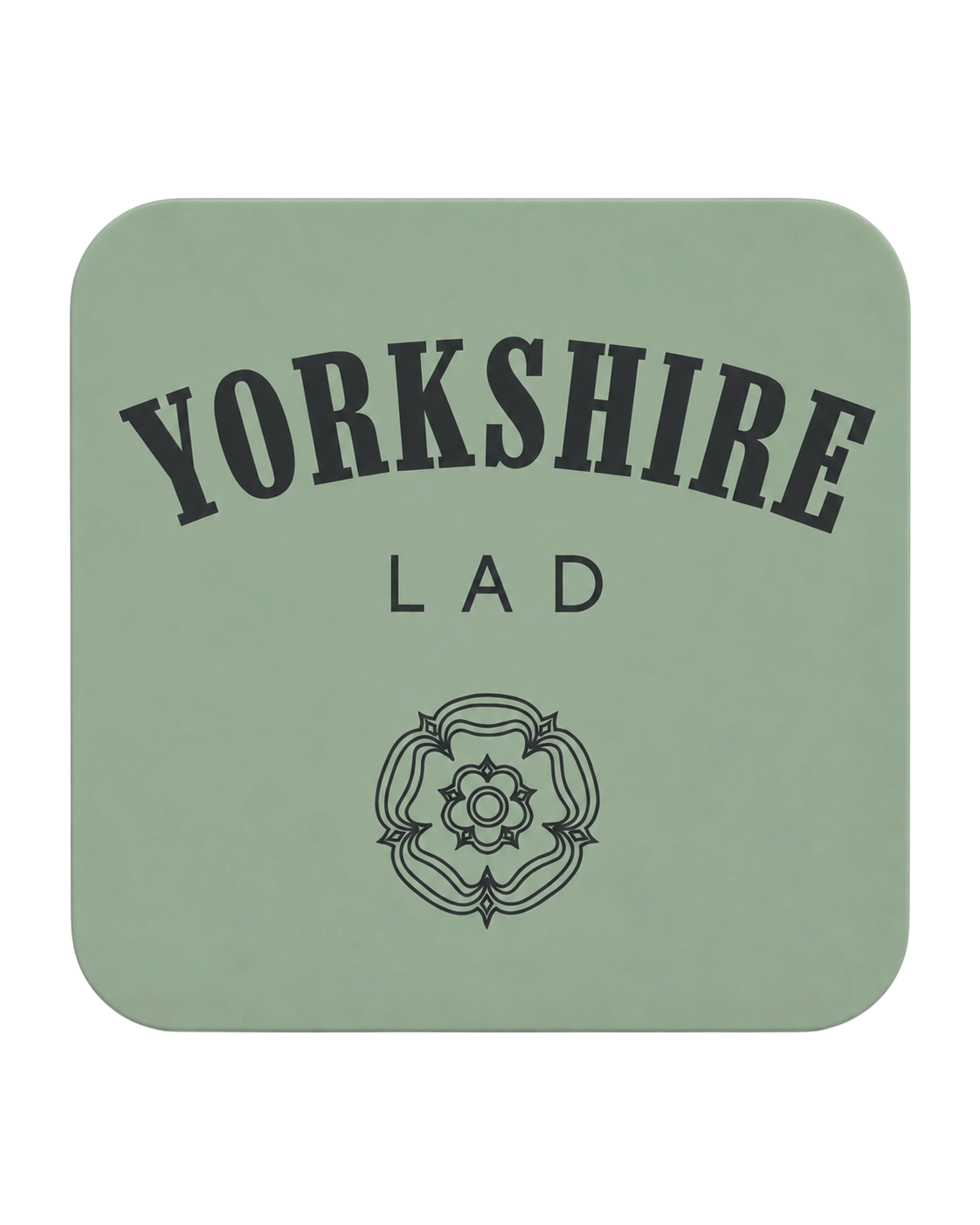 LighthouseLane sage green hardback drink coaster featuring Yorkshire Lad text and a white rose emblem.