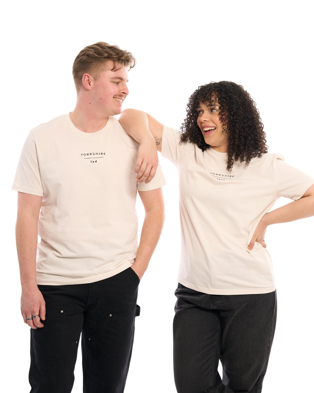 LighthouseLane unisex organic cotton t-shirts in cream with Yorkshire Lad embroidery worn by a smiling couple