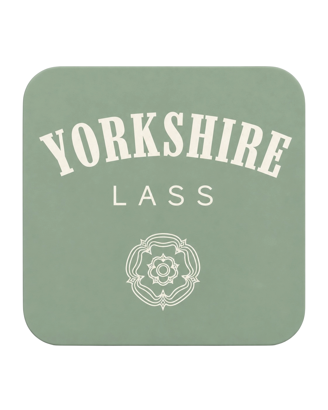 LighthouseLane hardback drink coaster in sage green with white Yorkshire Lass text and a Yorkshire rose emblem.