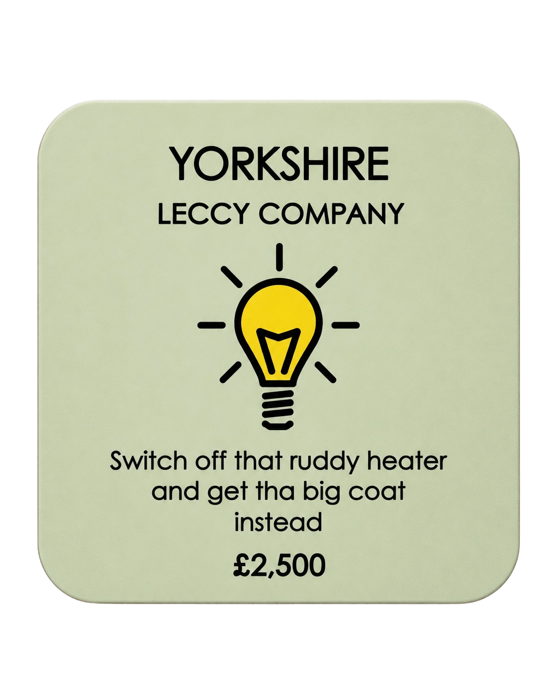 LighthouseLane hardback drink coaster featuring a humorous Yorkshire Monopoly-style electric company design.
