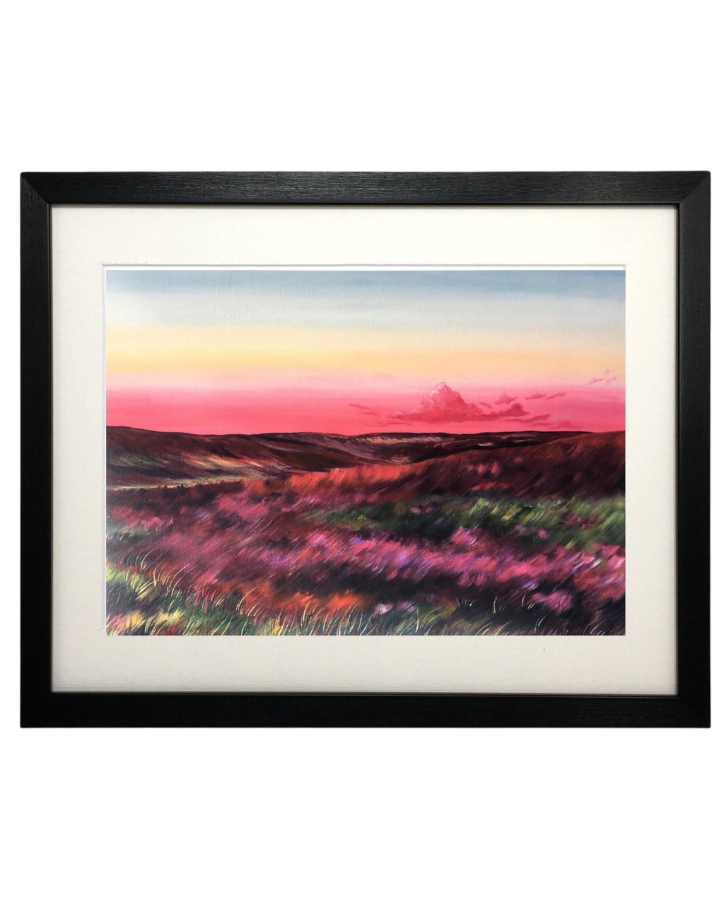 LighthouseLane framed print of a Yorkshire moorland landscape featuring vibrant purple heather and a sunset sky.