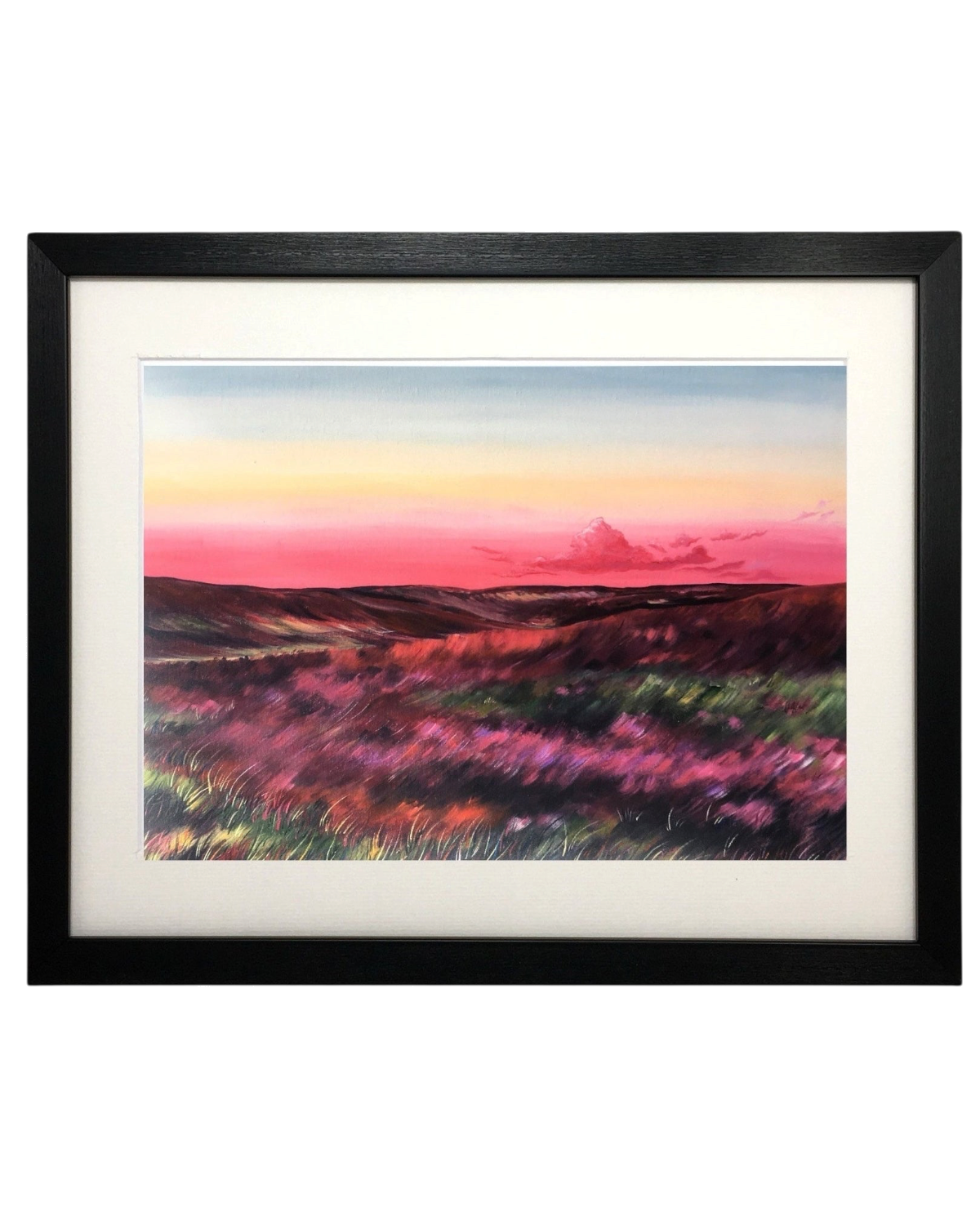LighthouseLane framed print of a Yorkshire moorland landscape featuring vibrant purple heather and a sunset sky.