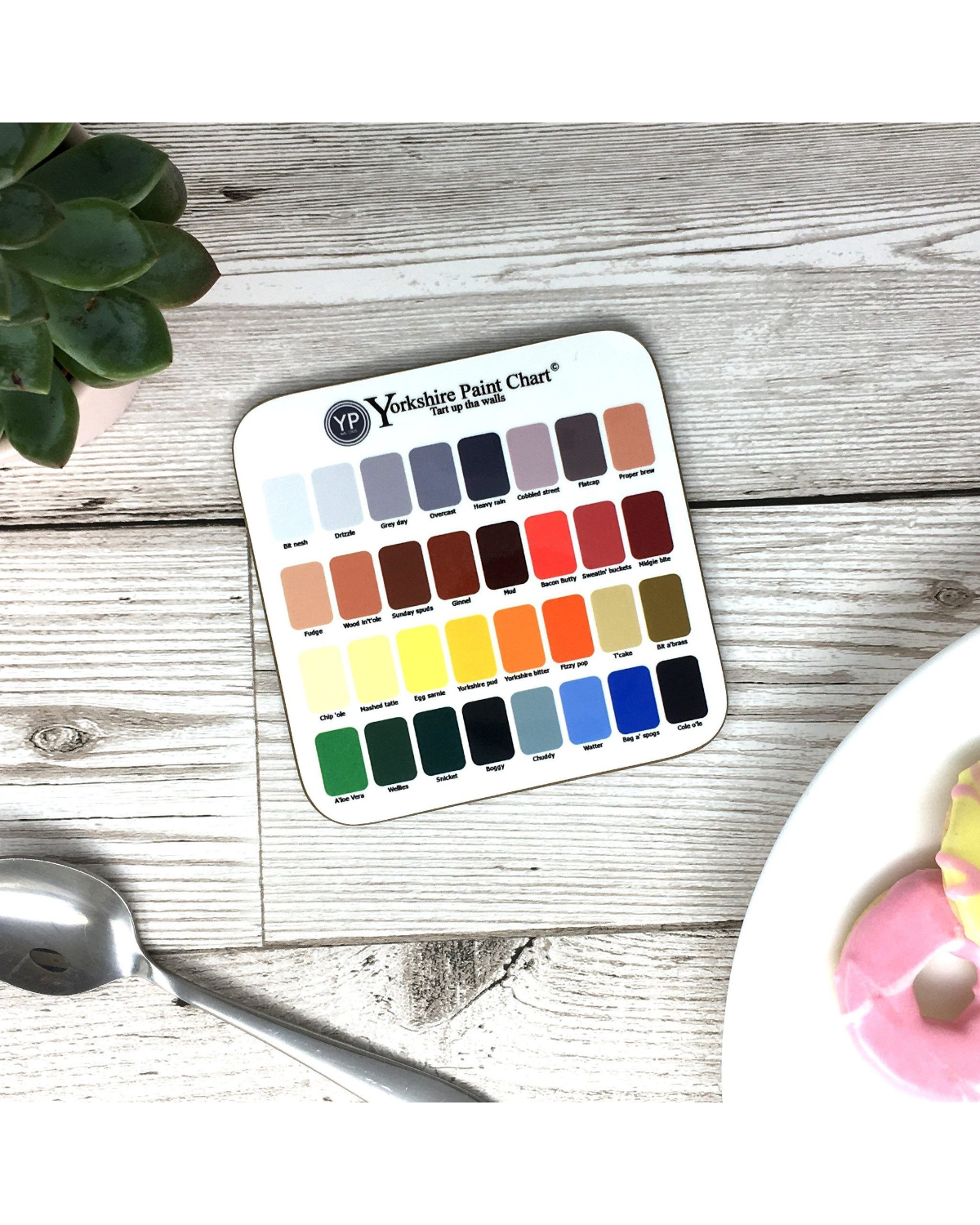 LighthouseLane Yorkshire Paint Chart square coaster featuring a grid of colourful paint swatches on a wooden table.
