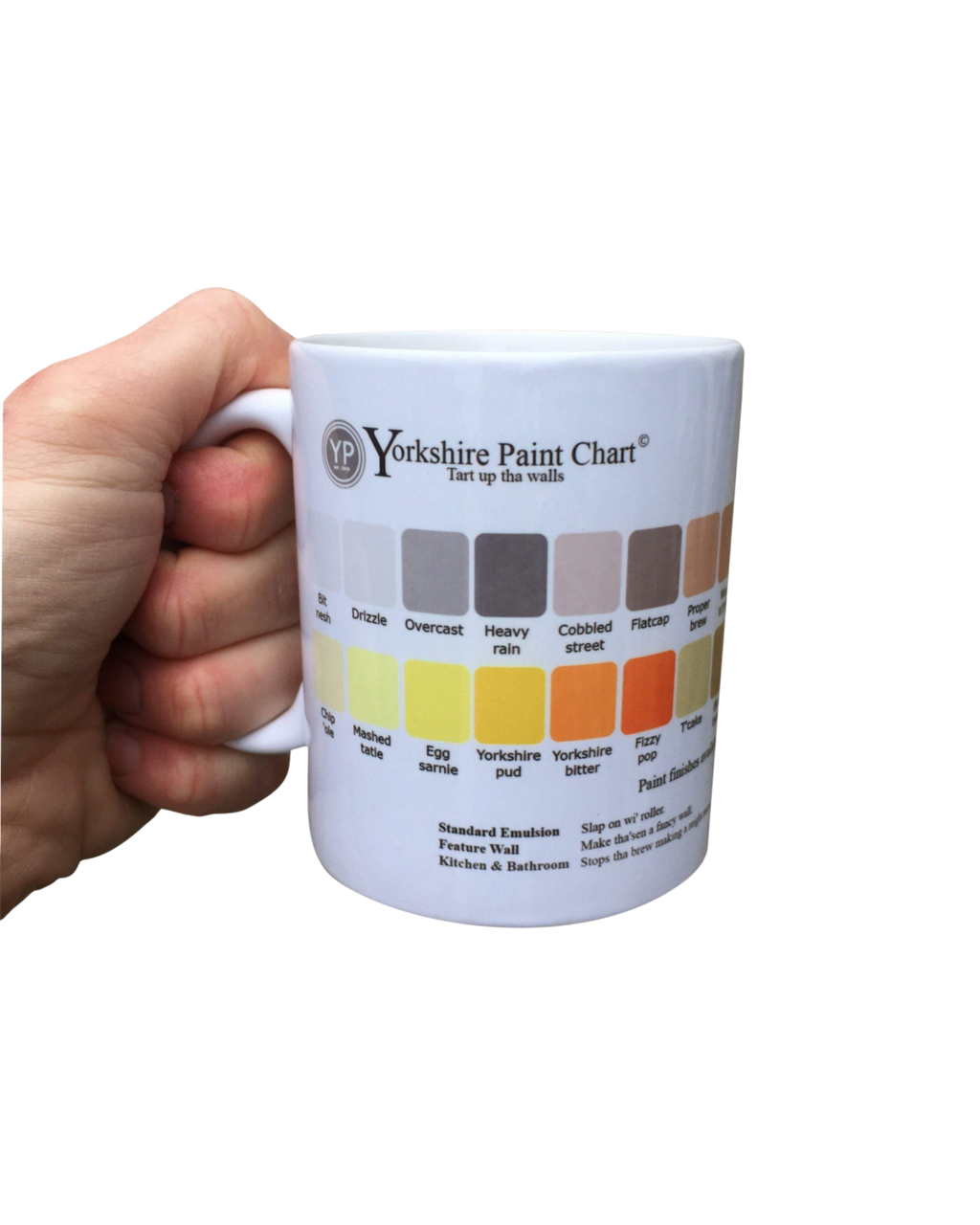 LighthouseLane 11oz ceramic mug featuring a humorous Yorkshire Paint Chart design held in a hand.