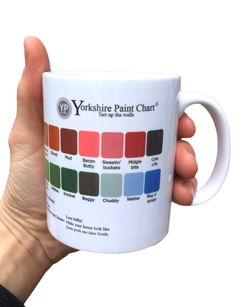 LighthouseLane 11oz ceramic mug featuring a humorous Yorkshire Paint Chart design with colorful paint swatches.